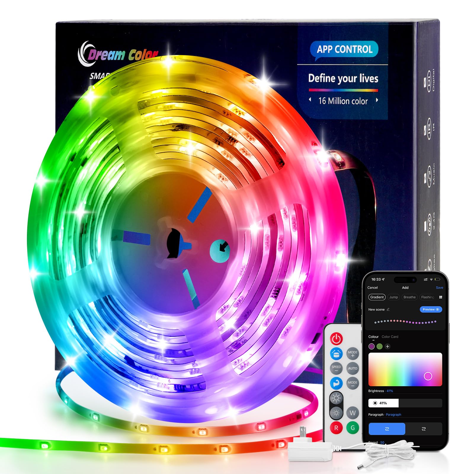 Pak LED Lights for Bedroom 16.4ft, Smart RGB+IC LED Strip Lights with App/Remote Control, Music Sync Color Changing Flexible LED