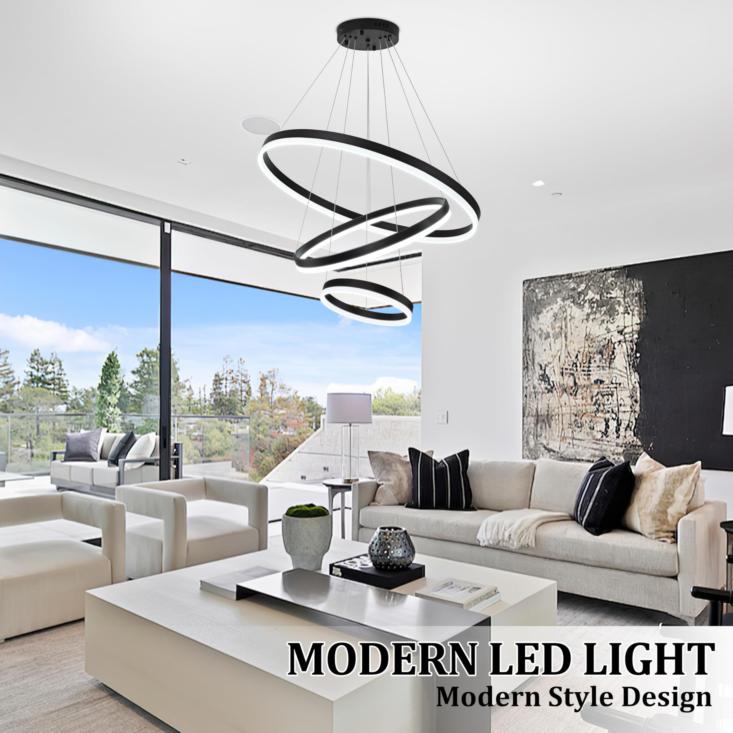 Mccokaige 31.5'' Black Modern Led Chandelier 3 Ring Modern Led Pendant Light Contemporary Ring Chandeliers Dimmable Chandeliers