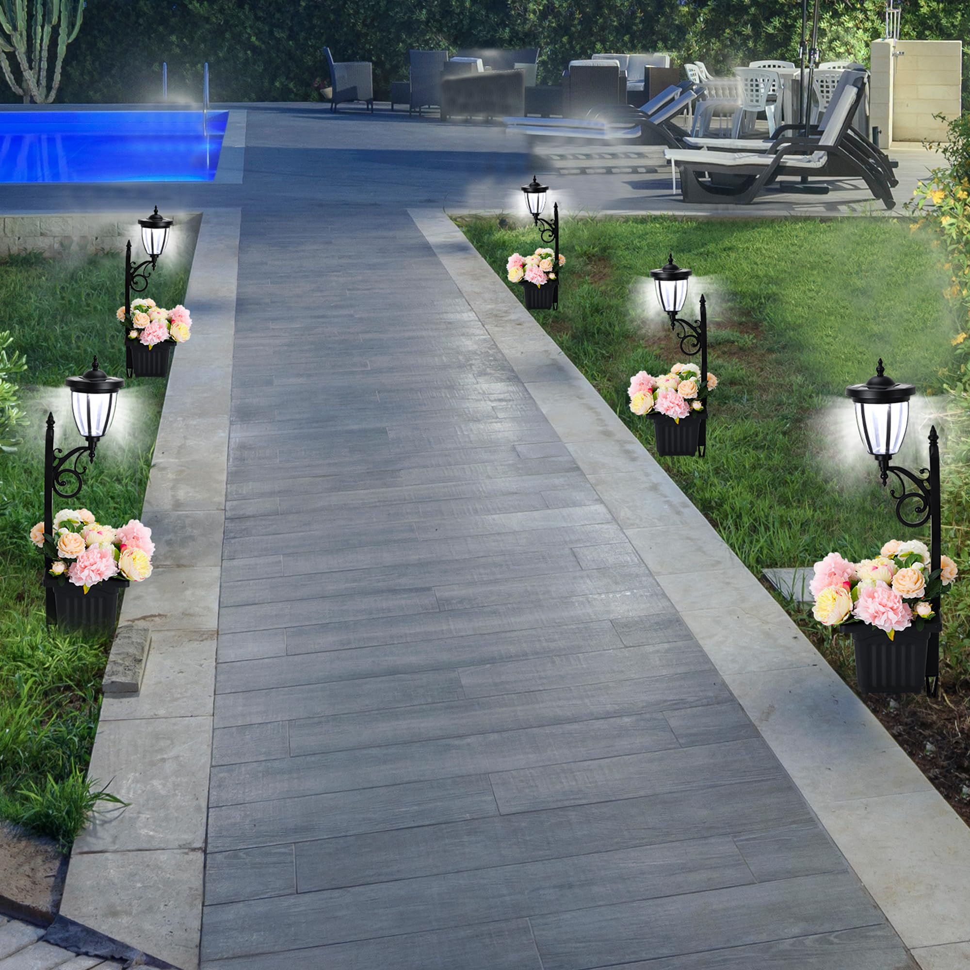 Sun-Ray Solar Lights 2-Piece Set - Multi-Function With Posts, Ground Stakes, Planters, Wall Mount - Black Plastic, Model 312022