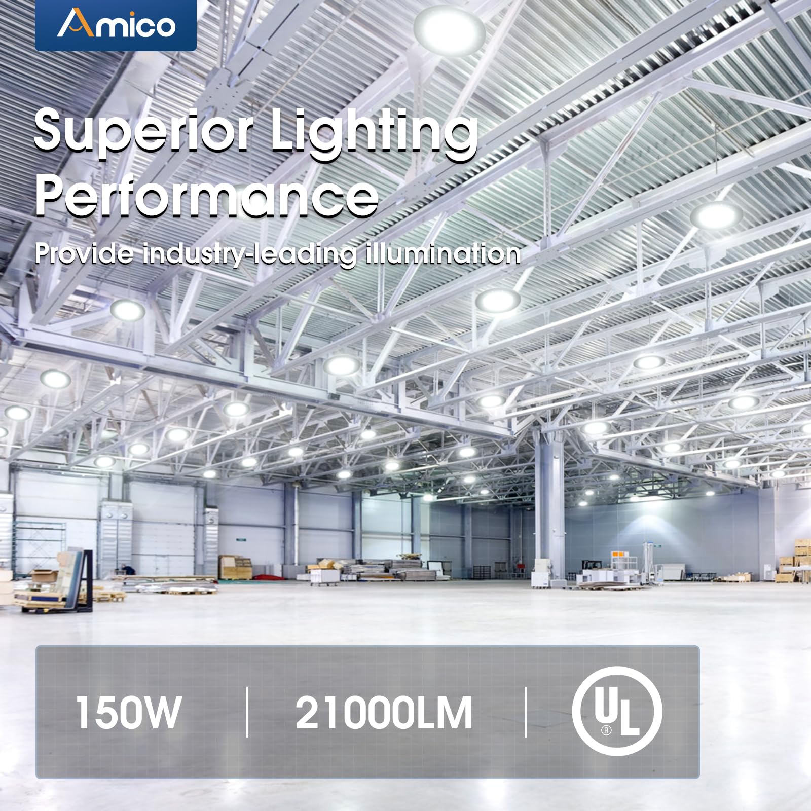 Amico Ufo Led High Bay Light 150W 21000Lm 5000K High Bay Led Shop Lights For Workshop Warehouse Barn With Ul Listed Us Hook 5 Cable Alternative To 650W Mh/Hps For Commercial Lighting Fixture 20 Pack