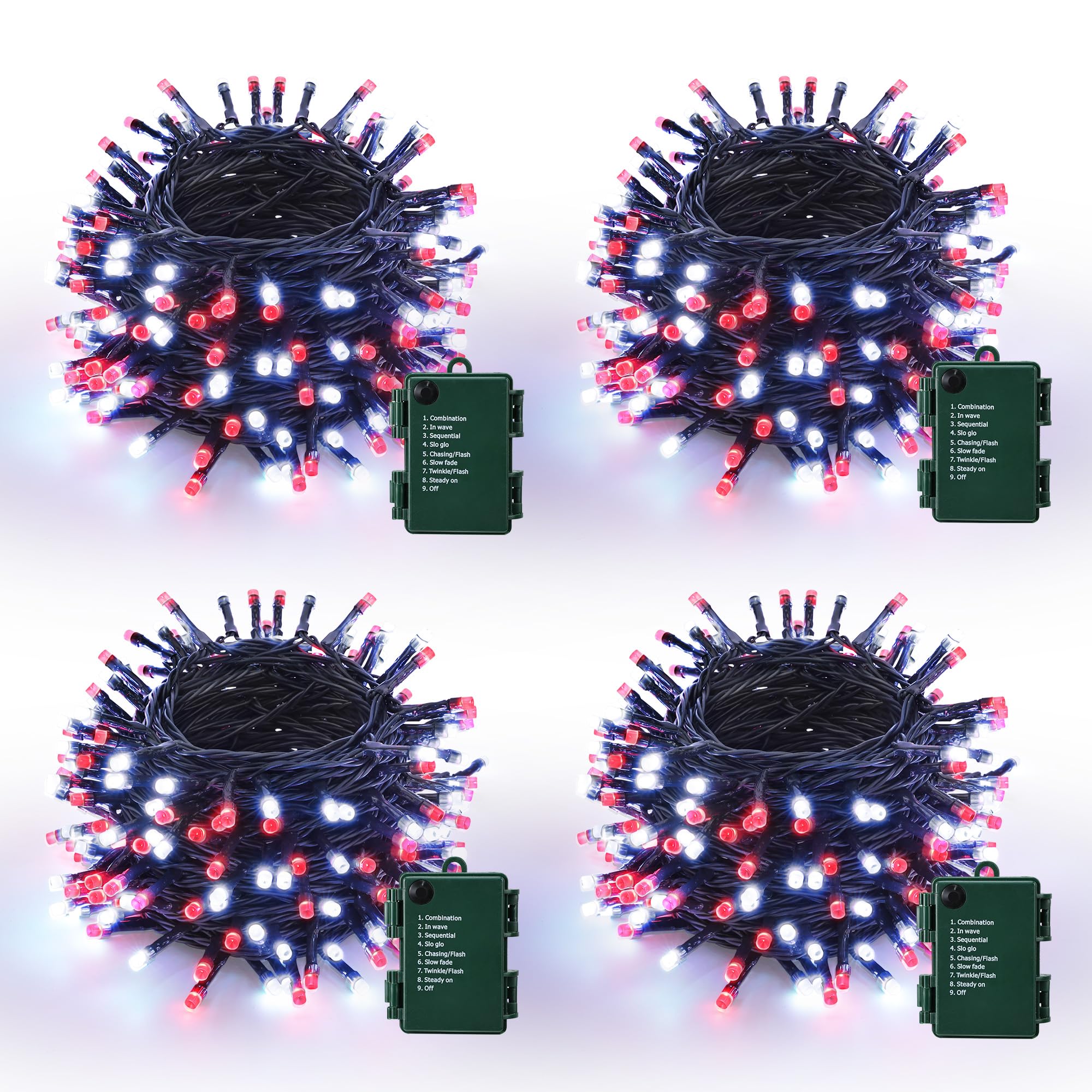 Lomotech Battery Operated Christmas Lights - 4 Pack Total 66Ft 200Leds String Lights 8 Modes Waterproof With Timer For Home  Garden  Party  Holiday  Tree Decoration (Green Wire  Red & White)