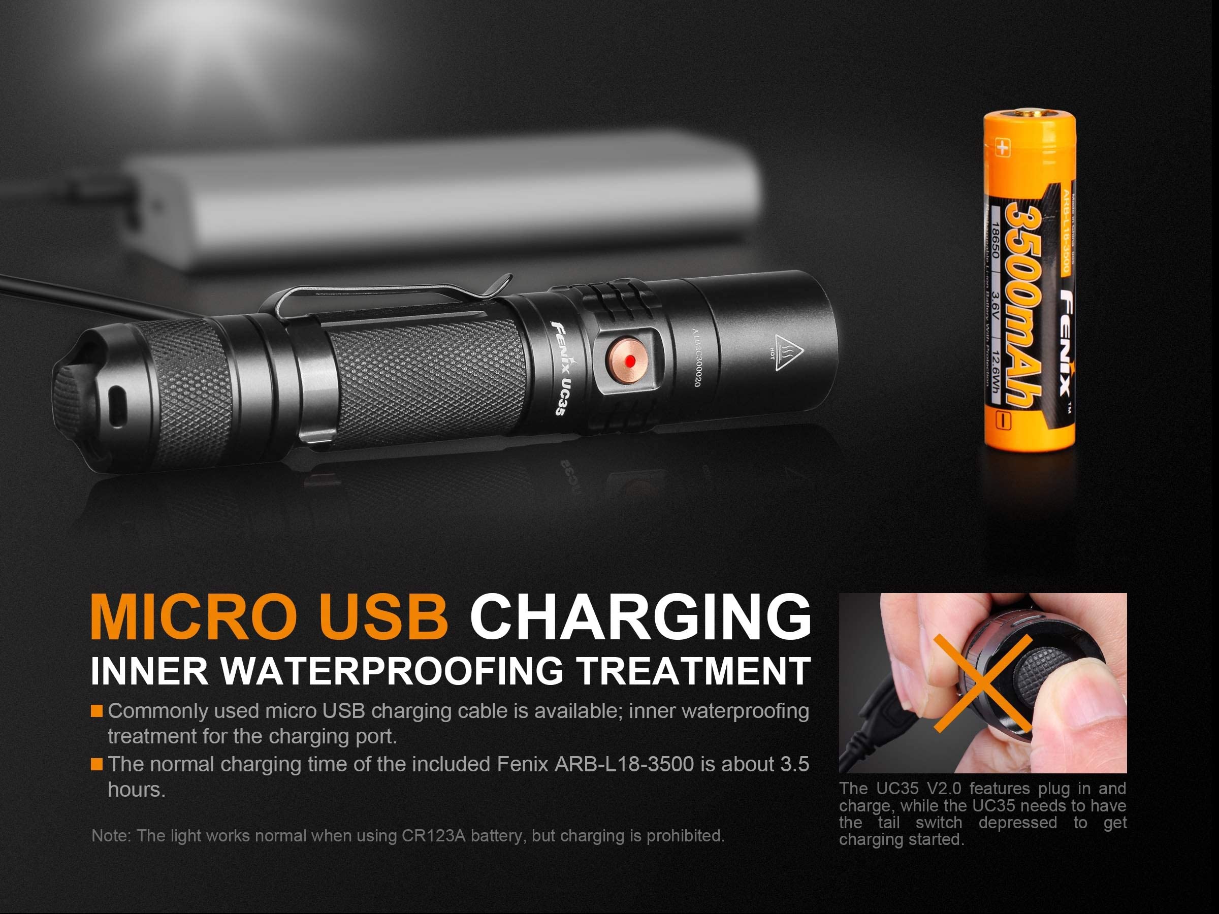 Fenix UC35 V2.0 Rechargeable Flashlight, Aluminum, Black, Model UC35V2BK