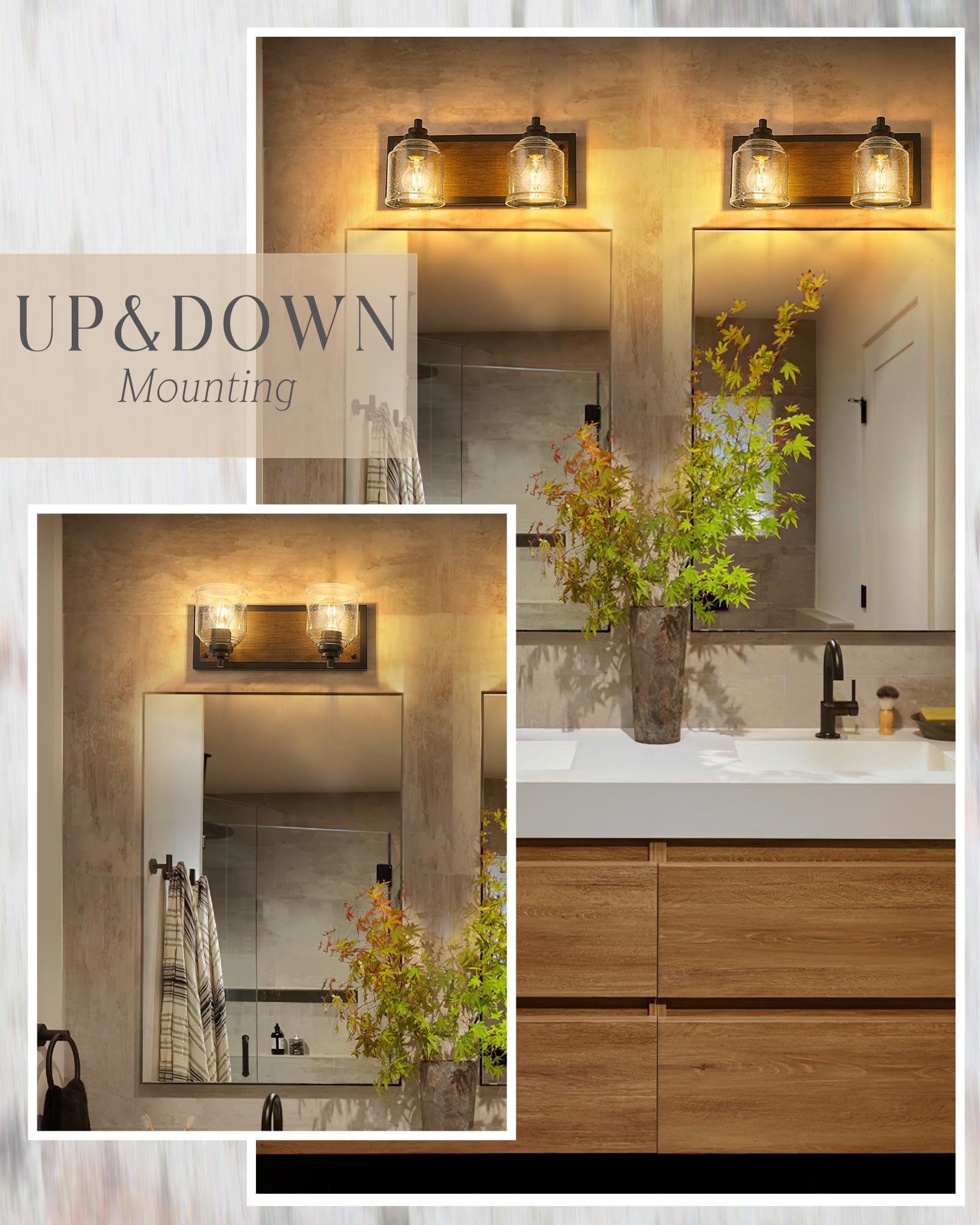YKLITG 2-Light Farmhouse Bathroom Vanity Light, Brown Metal with Bubble Glass Shades, Model BD005 S