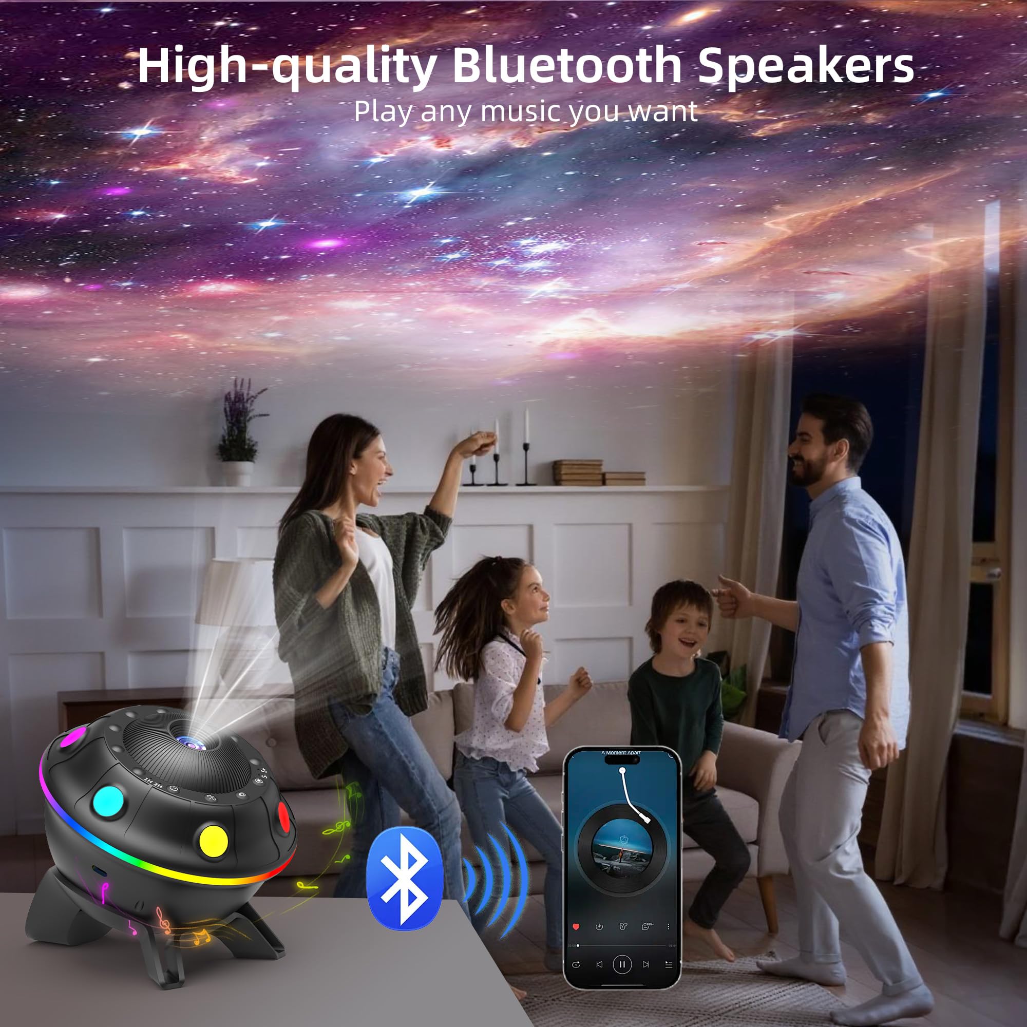 FlyEagle UFO Galaxy Projector - 12 HD Film Discs, Bluetooth Speaker, Timer, Gray, Model BL-E03