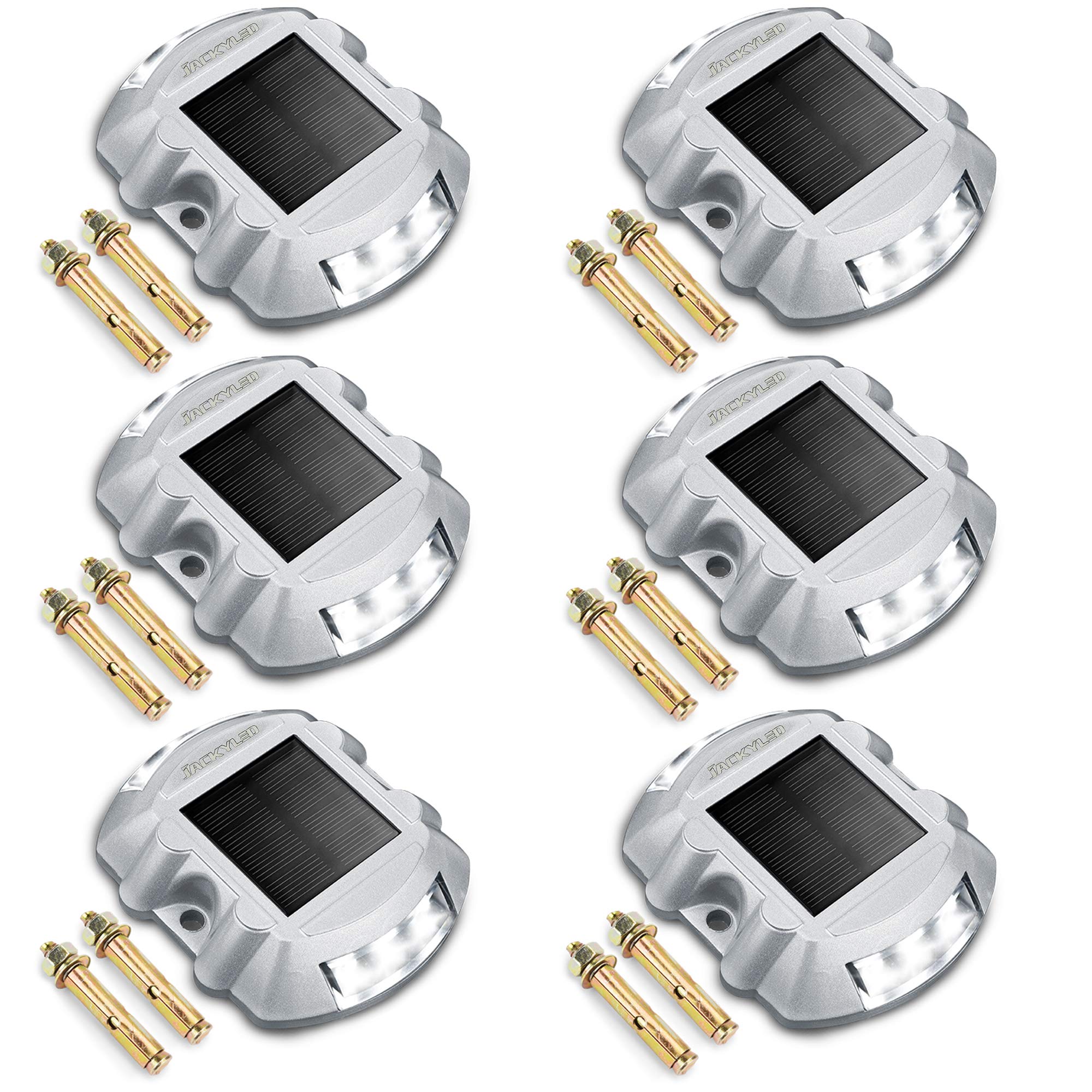 JACKYLED Solar Driveway Marker Lights 6-Pack, Waterproof LED Deck Lighting, Bright White, Model JACKYLED364, Metal