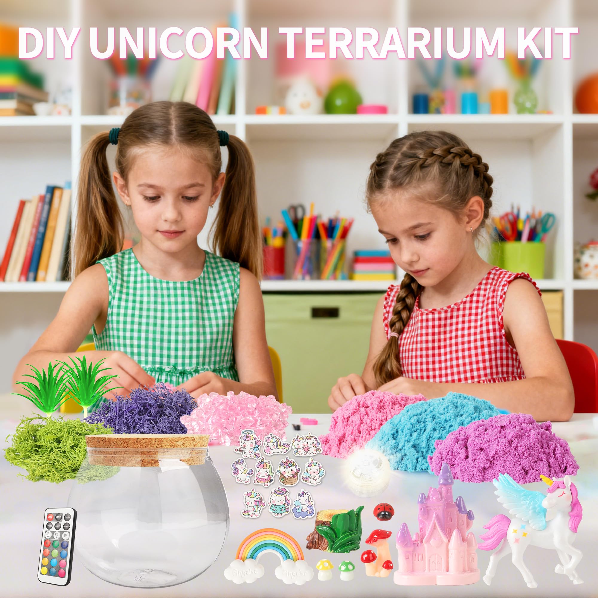KACHUAN BEAR Unicorn Light-Up Terrarium Kit - DIY Craft with Stickers, 5.12" Pink, Ages 4-12, Model XS-002, LED Birthday Gift