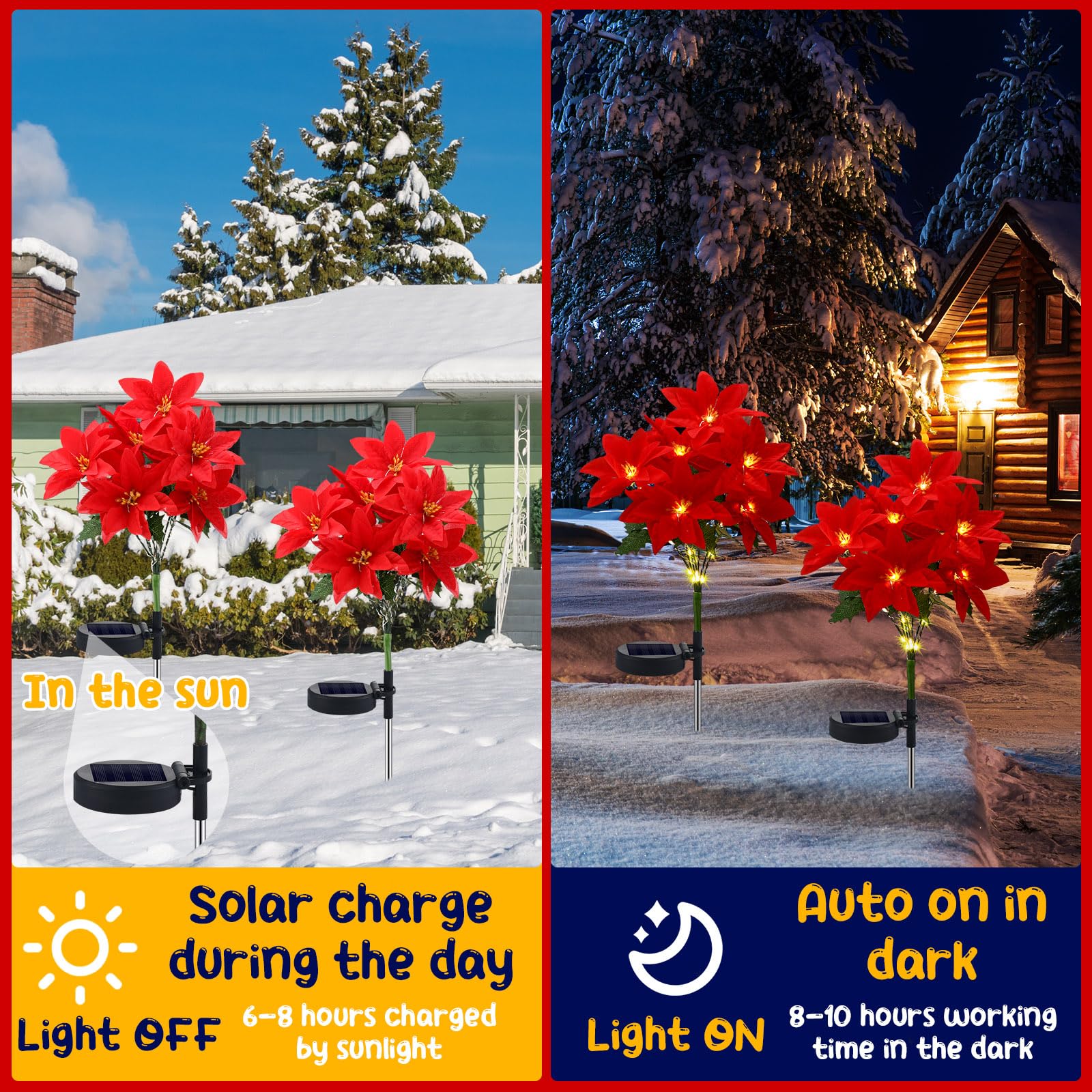 VIHOSE Christmas Solar Poinsettia Lights - Waterproof Artificial Flowers for Outdoor Yard, Lawn, Garden, Pathway - Red & Green (4 Pack)