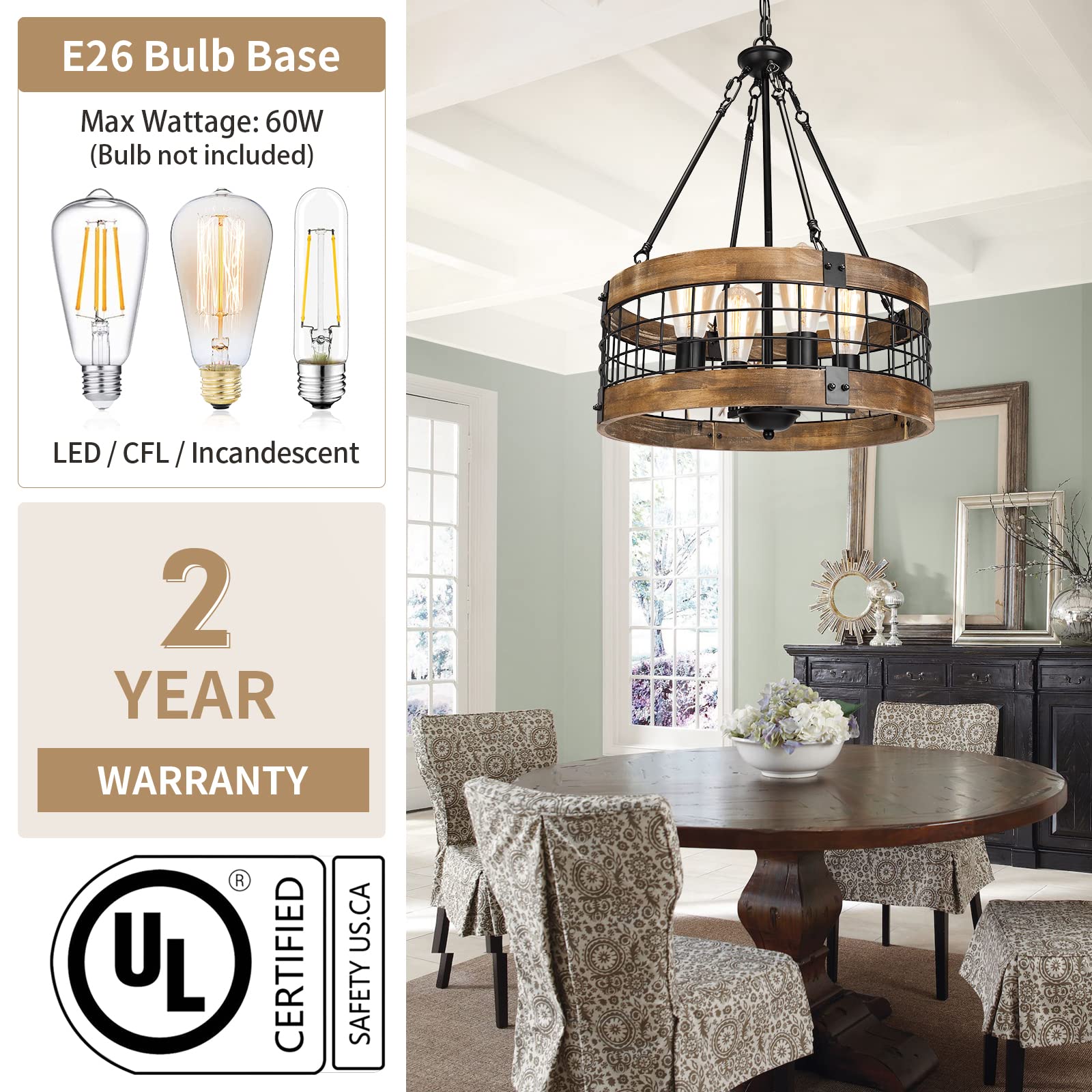 WOAEKR 4-Light Rustic Chandelier - Round Farmhouse Pendant Lighting, 17.8" Black Metal & Nature Wood Finish