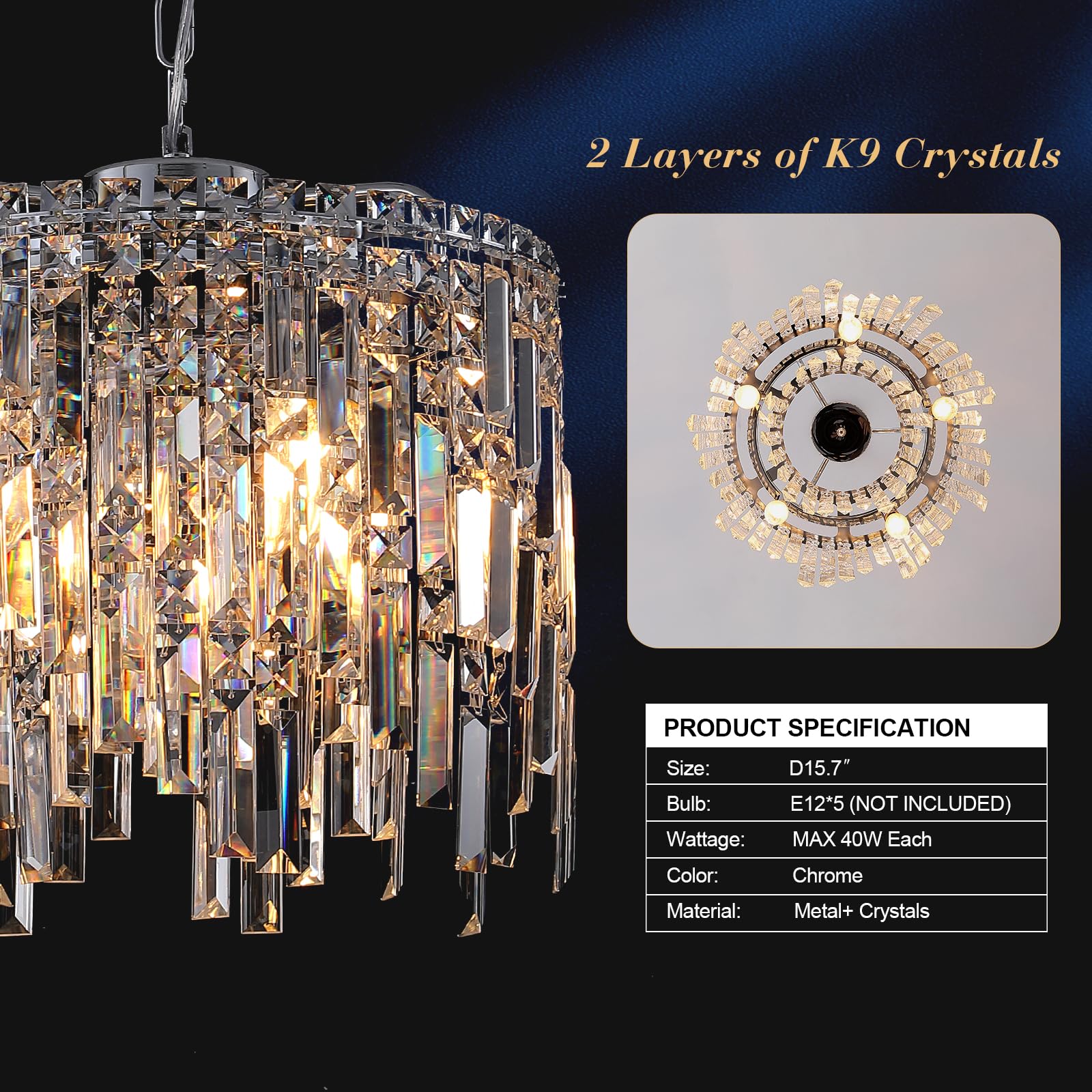 Chrome Crystal Chandelier Small Crystal Pendant Light Fixture 16'' Raindrop Flush Mount Hanging Chandelier With Adjustable Chain