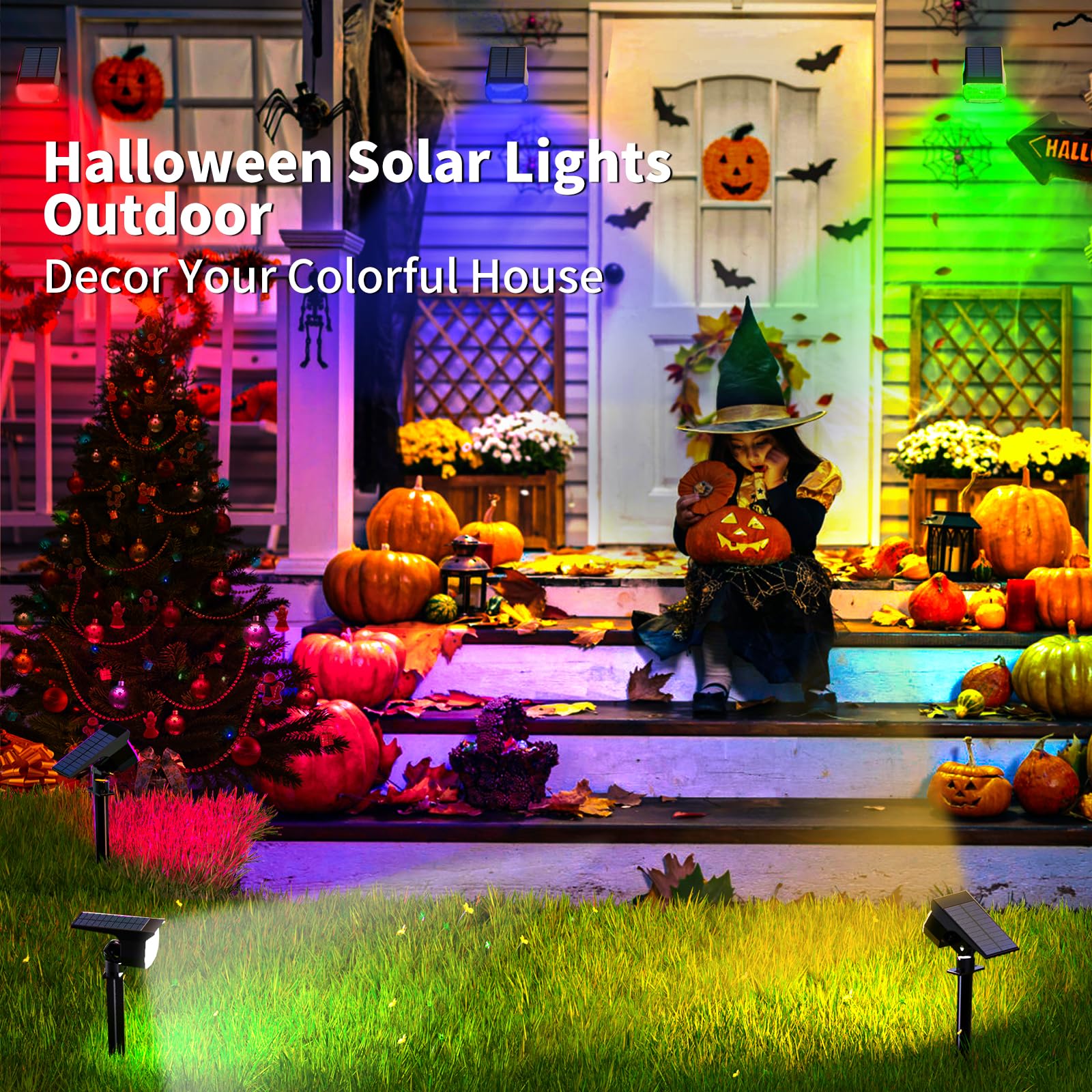 Wenaty Solar Spot Lights Outdoor Color Changing, [7 Mode/2 Pack] Christmas Landscape Spotlights, Solar Lights Outdoor Waterproof