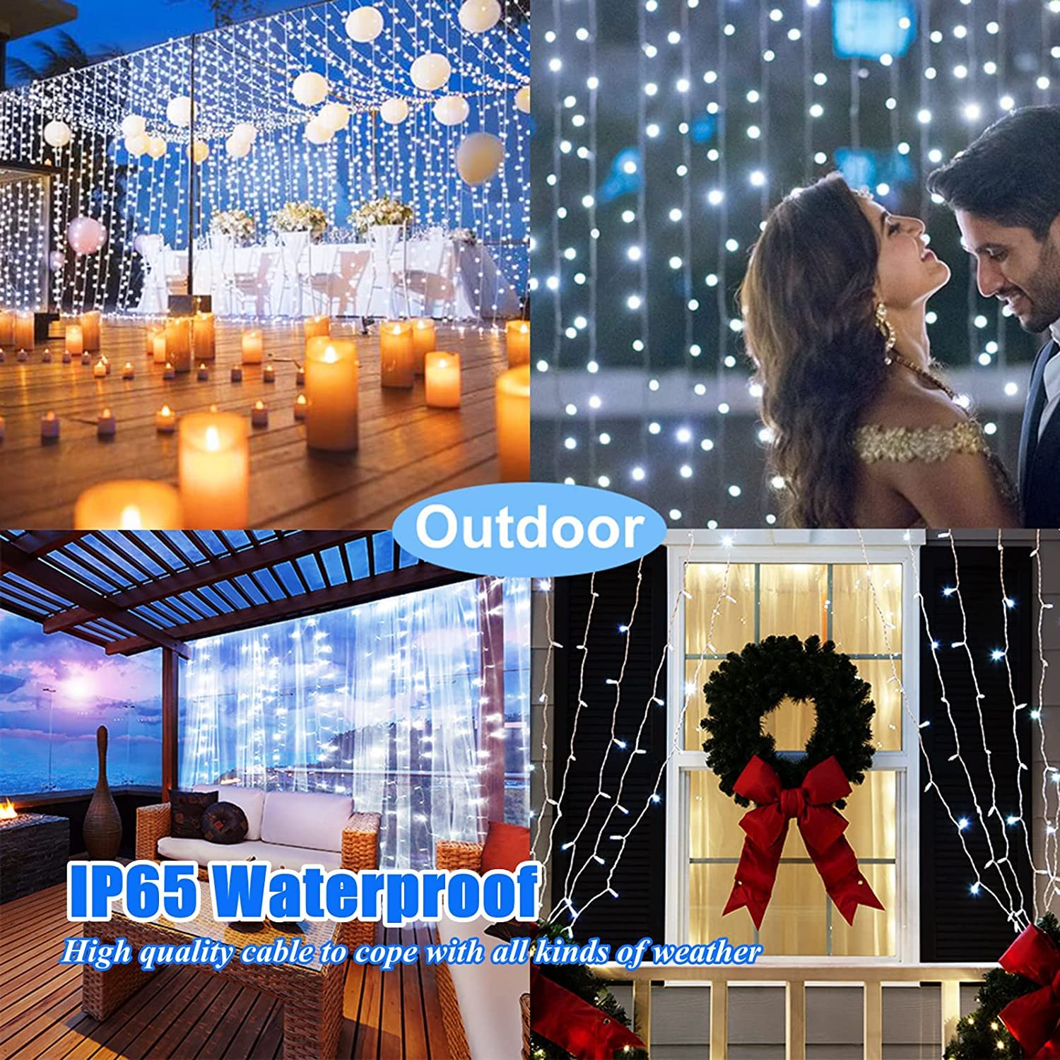 LiyuanQ Solar Curtain Lights, 300 LED, Waterproof, 8 Modes, Remote Control, Cool White, Model LiyuanQ-UPG-300