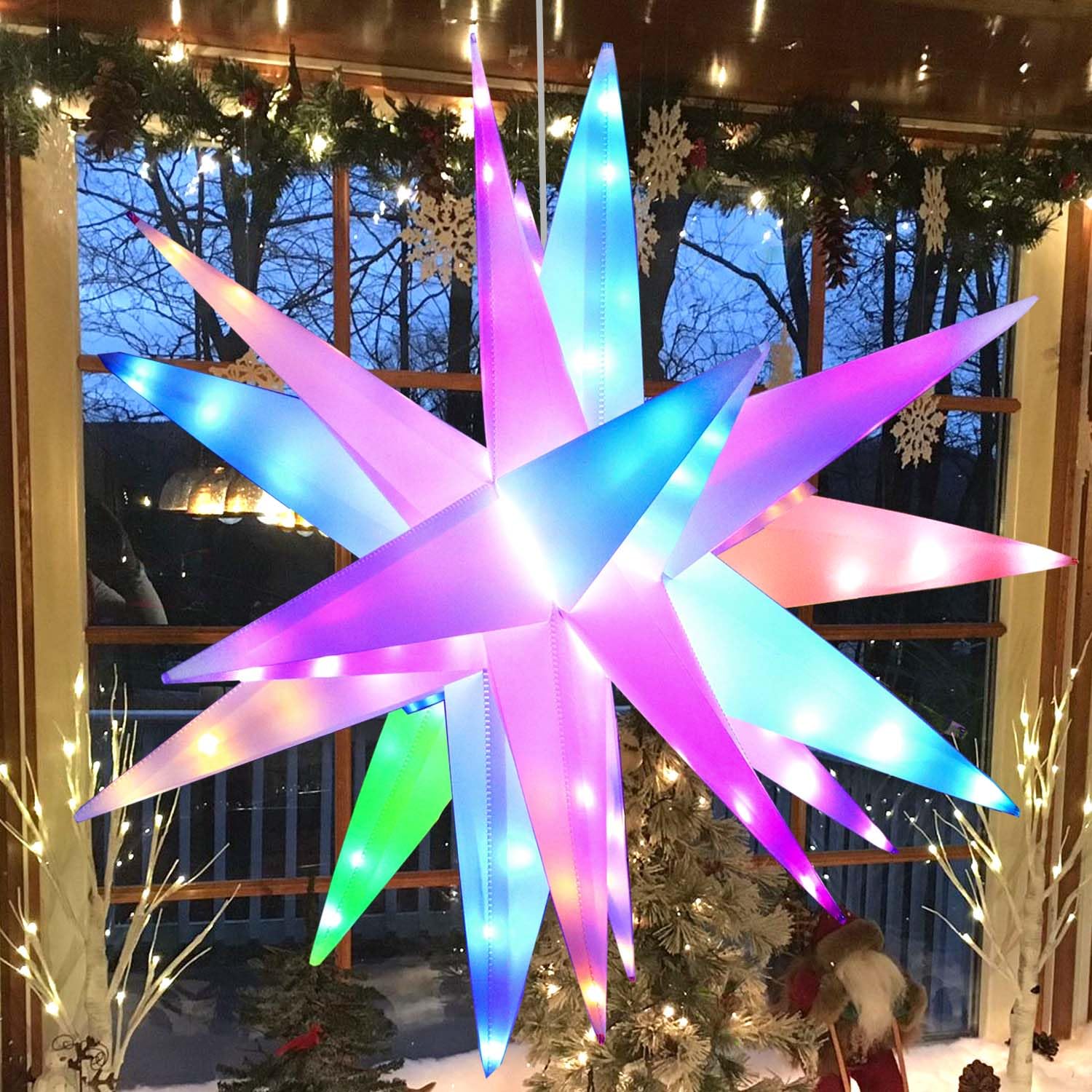 Fuchsun 23 Inch 90 Led Moravian Star Light, Christmas Tree Topper Hanging Stars Lights Outdoor, Color Changing & 6 Lighting Modes, Ceiling Balcony Xmas Party Porch Yard Room Holiday Wedding Decoration