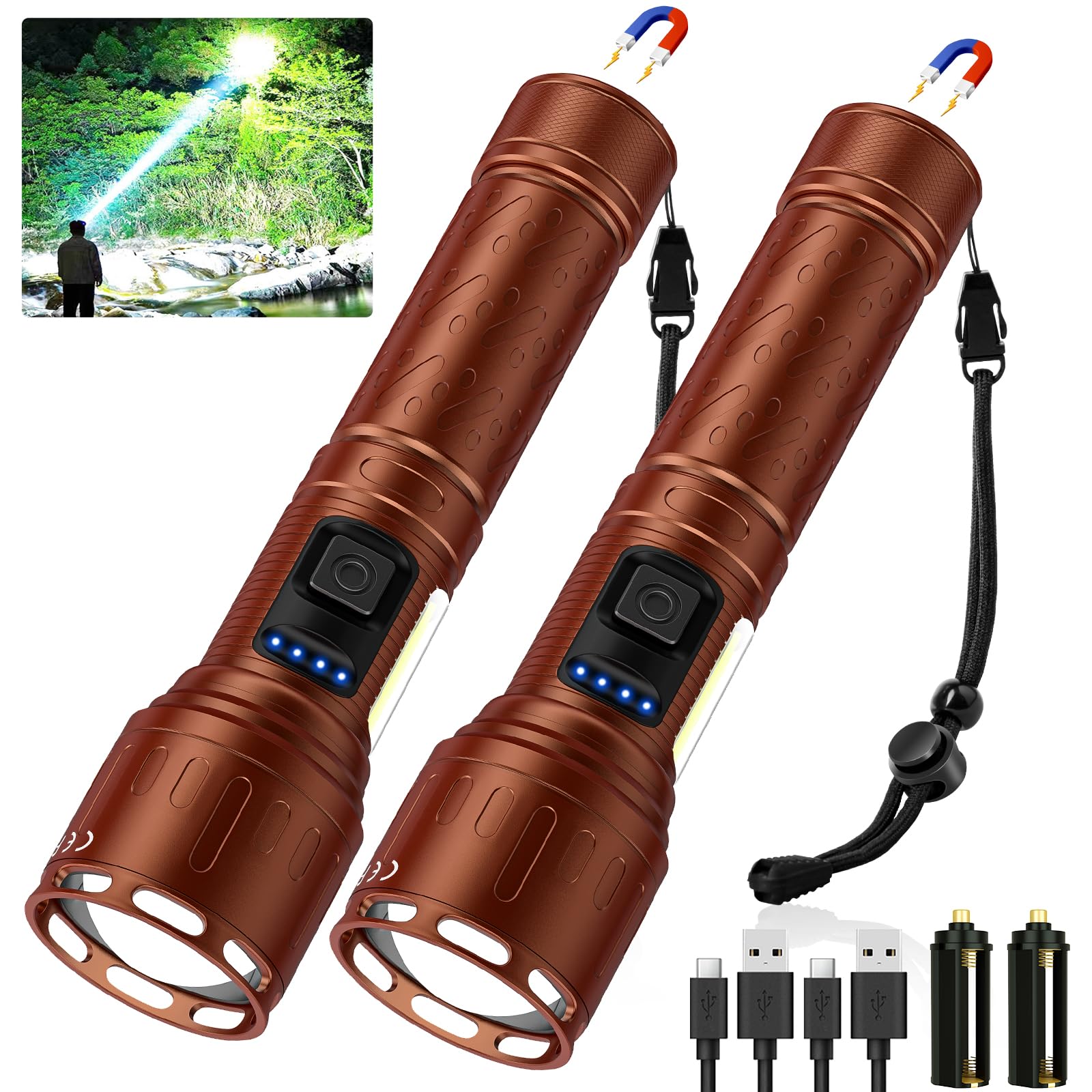 Banral Rechargeable Magnetic Flashlights 100,000 Lumens, 8 Modes, Waterproof, Aluminum, Brown, Model K-2303-B, 2 Pack with Leather Box