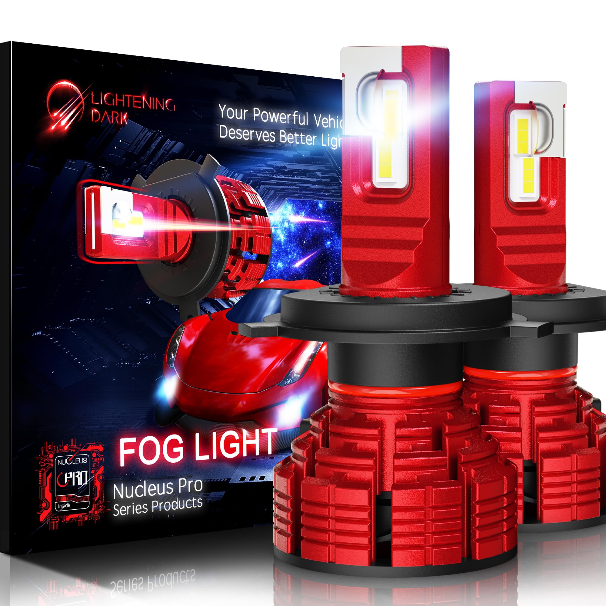 LIGHTENING DARK H4 Fog Light Bulbs, 6500K Xenon White, Aluminum, Pack of 2, H4 (9003)