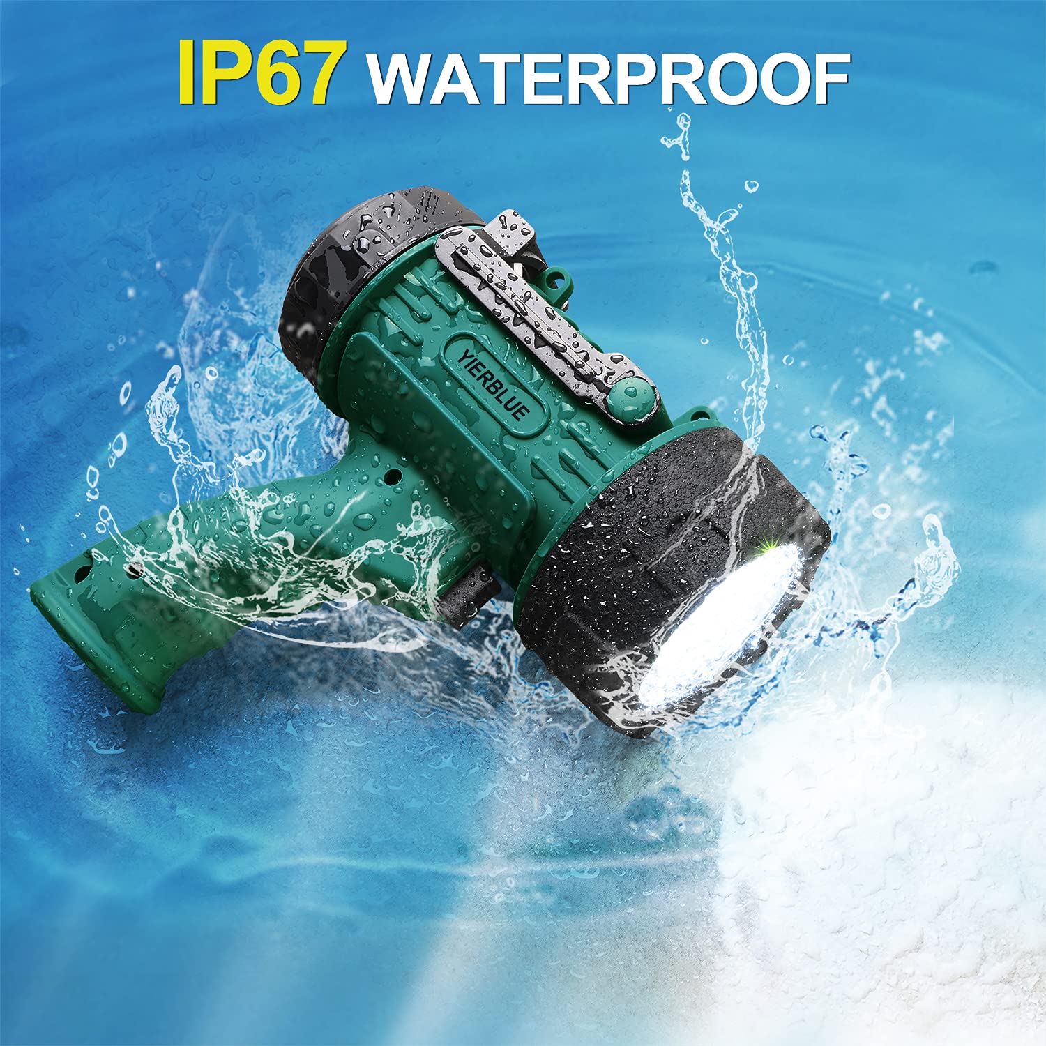 YIERBLUE Rechargeable LED Spotlight 1000000 Lumens, 20Hrs Runtime, IP67 Waterproof, Green-L, Model F-010