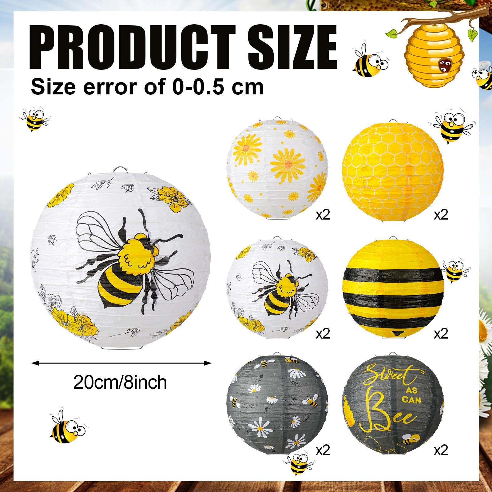 Panelee 12 Pcs Bee Paper Lanterns Party Decorations 8 Inch Hanging Round Hanging Paper Party Decorations For Holiday Indoor Outd