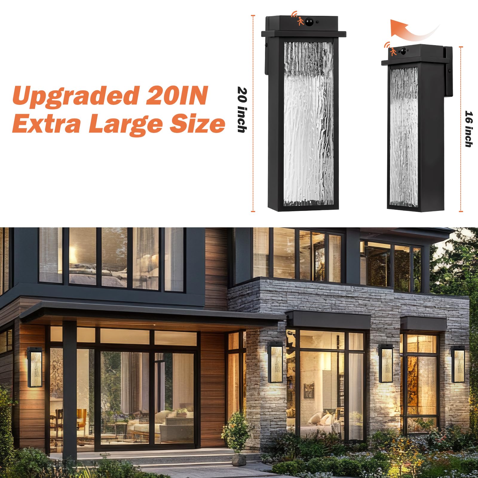 Venzblomia 20  Upgraded Motion Sensor Led Exterior Lighting Fixtures  2 Pack Large Black Dusk To Dawn Lights Outside  Modern Outdoor Led Wall Sconce Lamps  Waterproof Outside Patio Carriage Lanterns