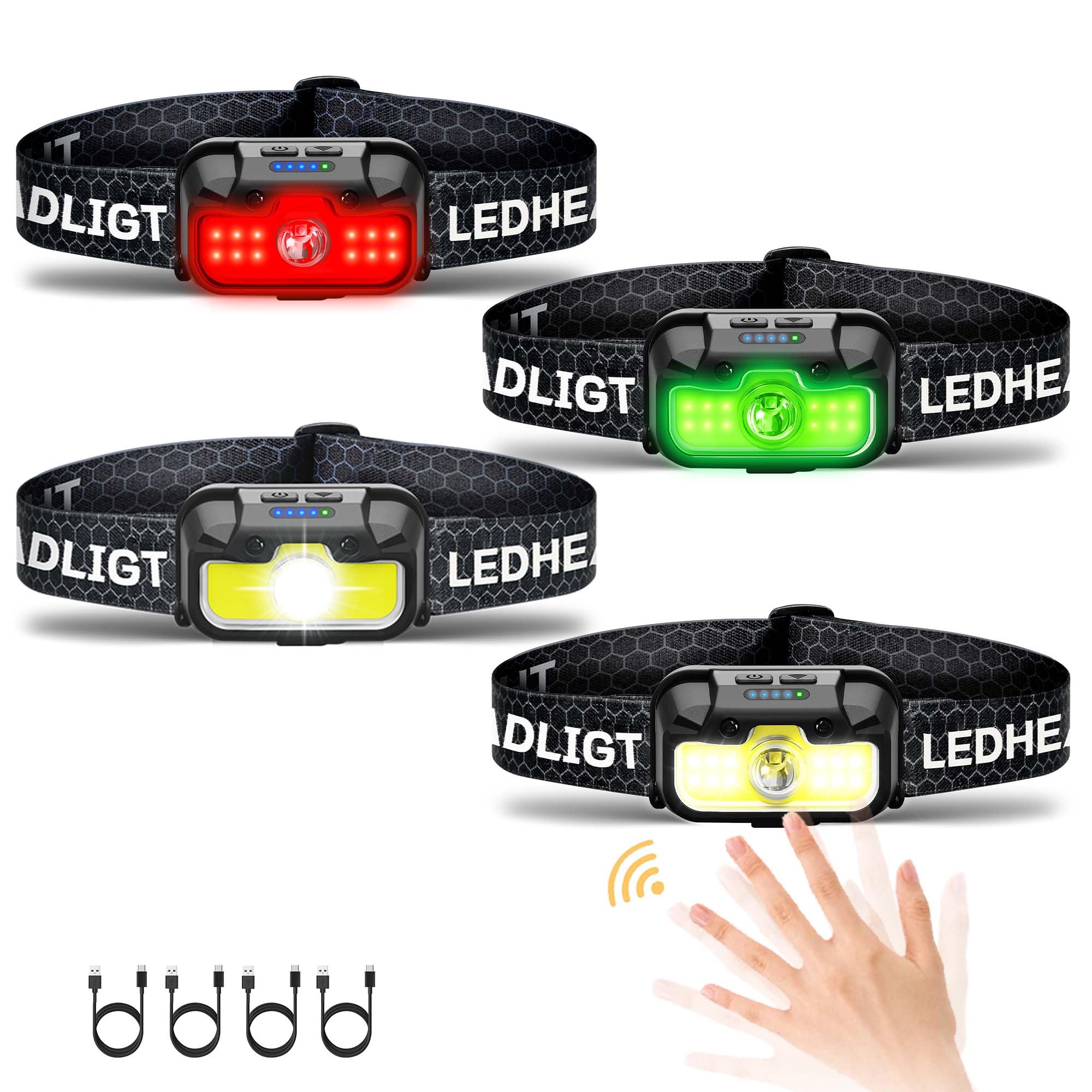 Hokoiln Headlamp Rechargeable, 4 Pack 1300 Lumen Ultra-Light Bright Head Lamp With White Red Green, 14 Modes Adjustable Waterpro