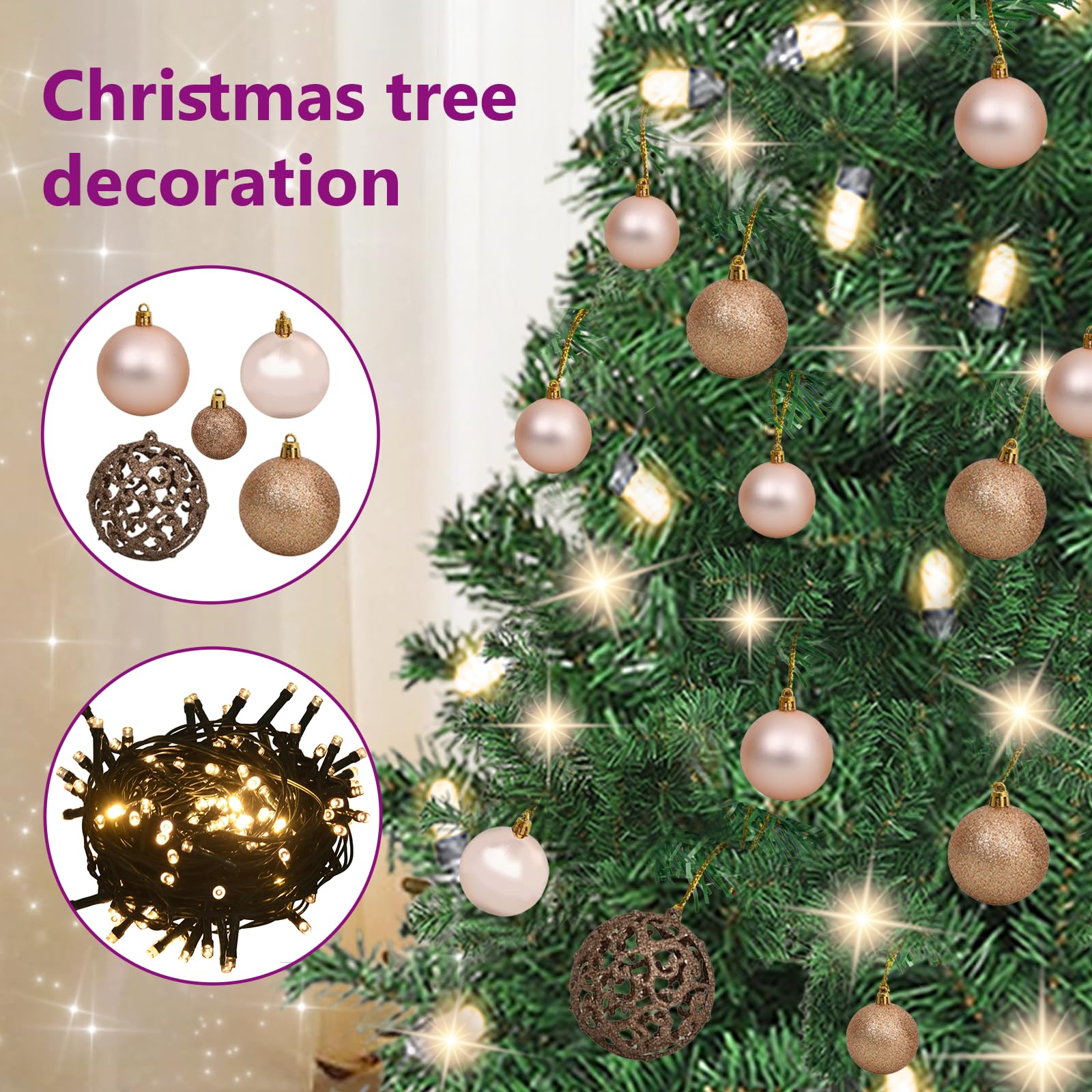 vidaXL 61 Piece Christmas Ball Ornaments Set, Shatterproof Xmas Decorations with 150 LED Lights, 12.6x3.9x9.8 in, Rose Gold
