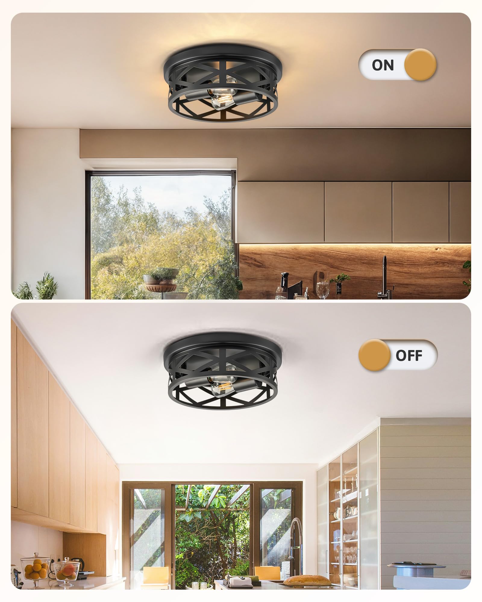 VONLUCE Ceiling Light, 2-Light Flush Mount Fixture, 11 Inch, Black Metal Cage, Adjustable Lamp Holders, 2 pcs