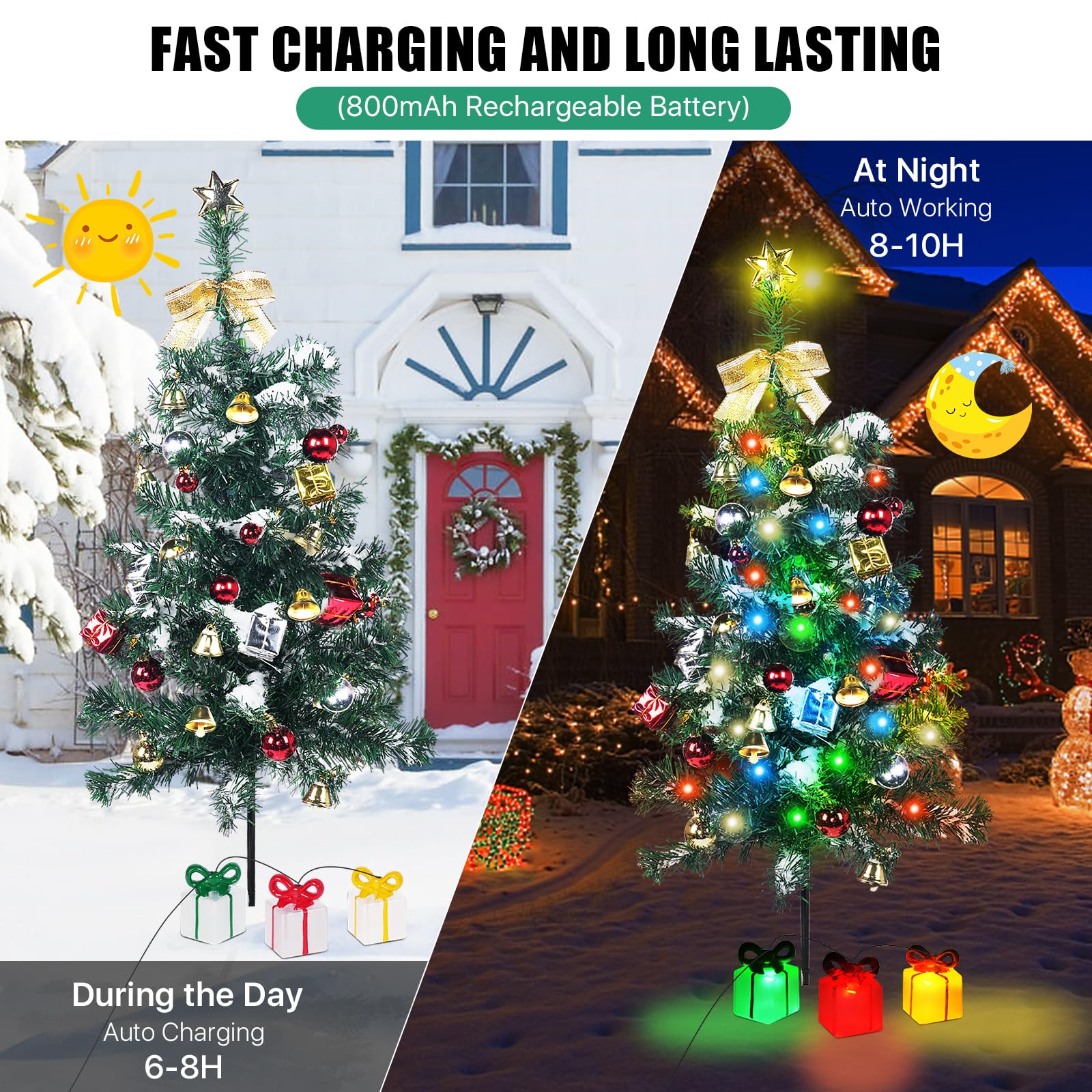 Adecorty Solar Christmas Tree Decorations 2 Pack, 60 LED, 30Inch Mini Prelit, Multicolor, Model ADT-Solar Christmas Tree 2P