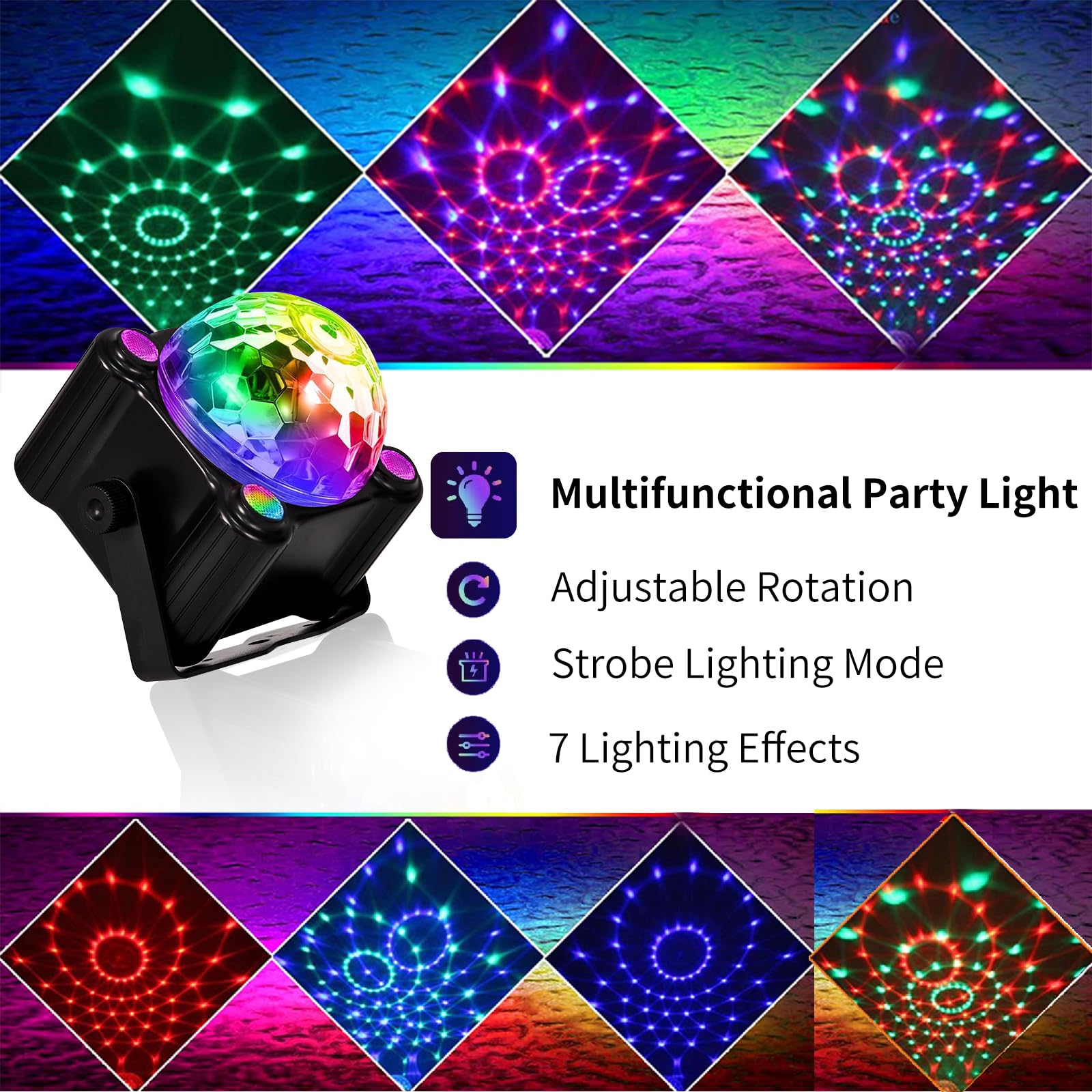 RAHAN Disco Ball Party Lights Sound Activated Strobe DJ Stage Lighting with Remote Control for Indoor Room Outdoor Dance Parties