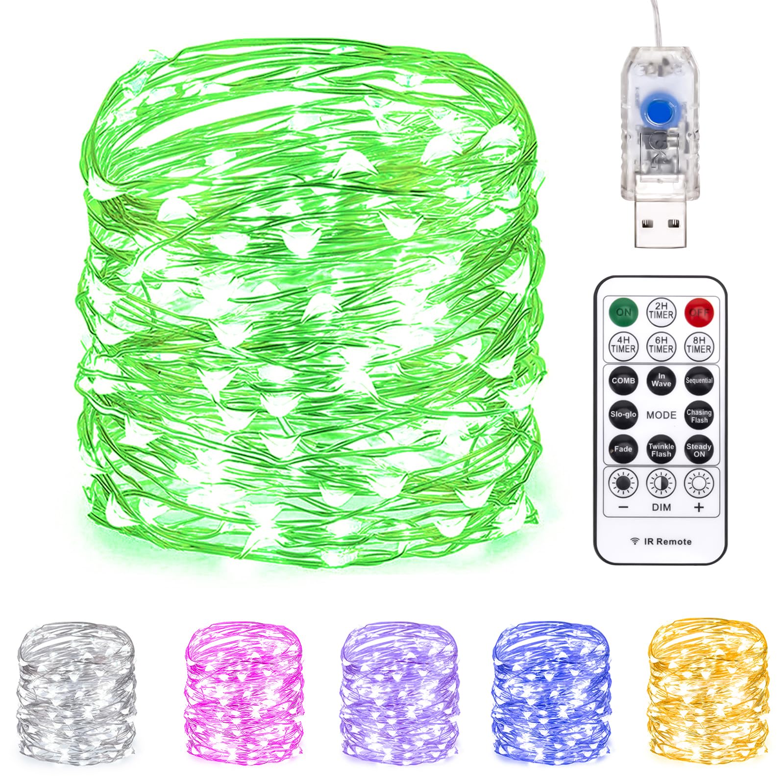 Fairy Lights 33 ft 100 LED USB Twinkle String Lights Plug in Silver Wire Lights with Remote and Timer 8 Modes Outdoor Waterproof Starry Lights DIY Party Wedding Christmas Decoration(Green)