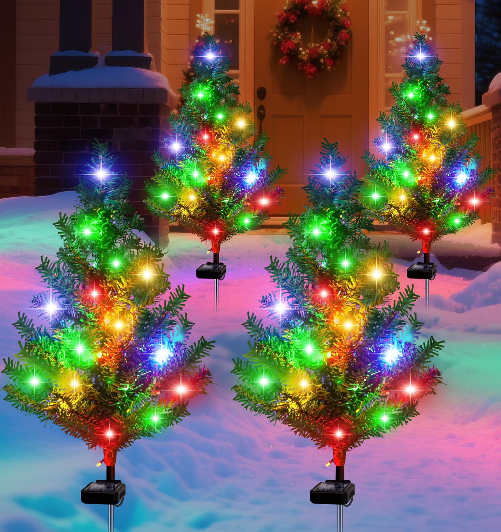Solar Christmas Tree Outdoor Decor  Waterproof Solar Xmas Decorations Garden Stake Lights  Multi-Color LED Artificial Prelit Christmas D?cor for Outside Landscape Pathway Porch Yard Holiday (4 pcs)