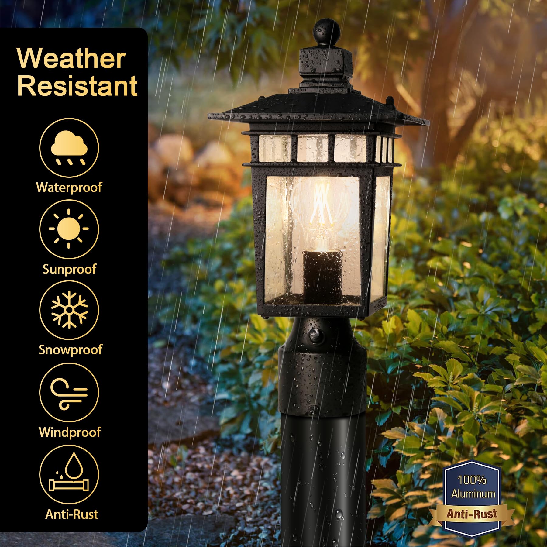 APOTO Dusk to Dawn Outdoor Post Light Fixture, 14.2-Inch Aluminum, Black, Hard Wired, 1-Pack