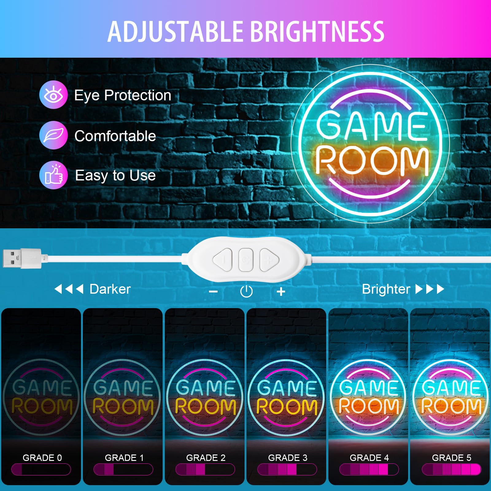 Basaneon Gamer Neon Sign, Dimmable LED Wall Decor, 13.3inx13.3in, Acrylic, D-Game Room, Model ZF-Game Room, Perfect for Boys Room