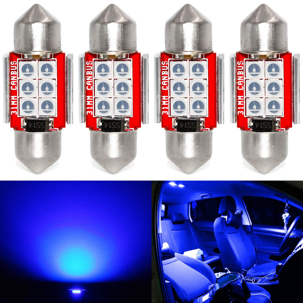 Phinlion De3175 Led Blue Light Bulb, Super Bright Festoon 1.25 '' 31Mm De3021 De3022 Miniature Led Bulbs For Car Interior Map Re