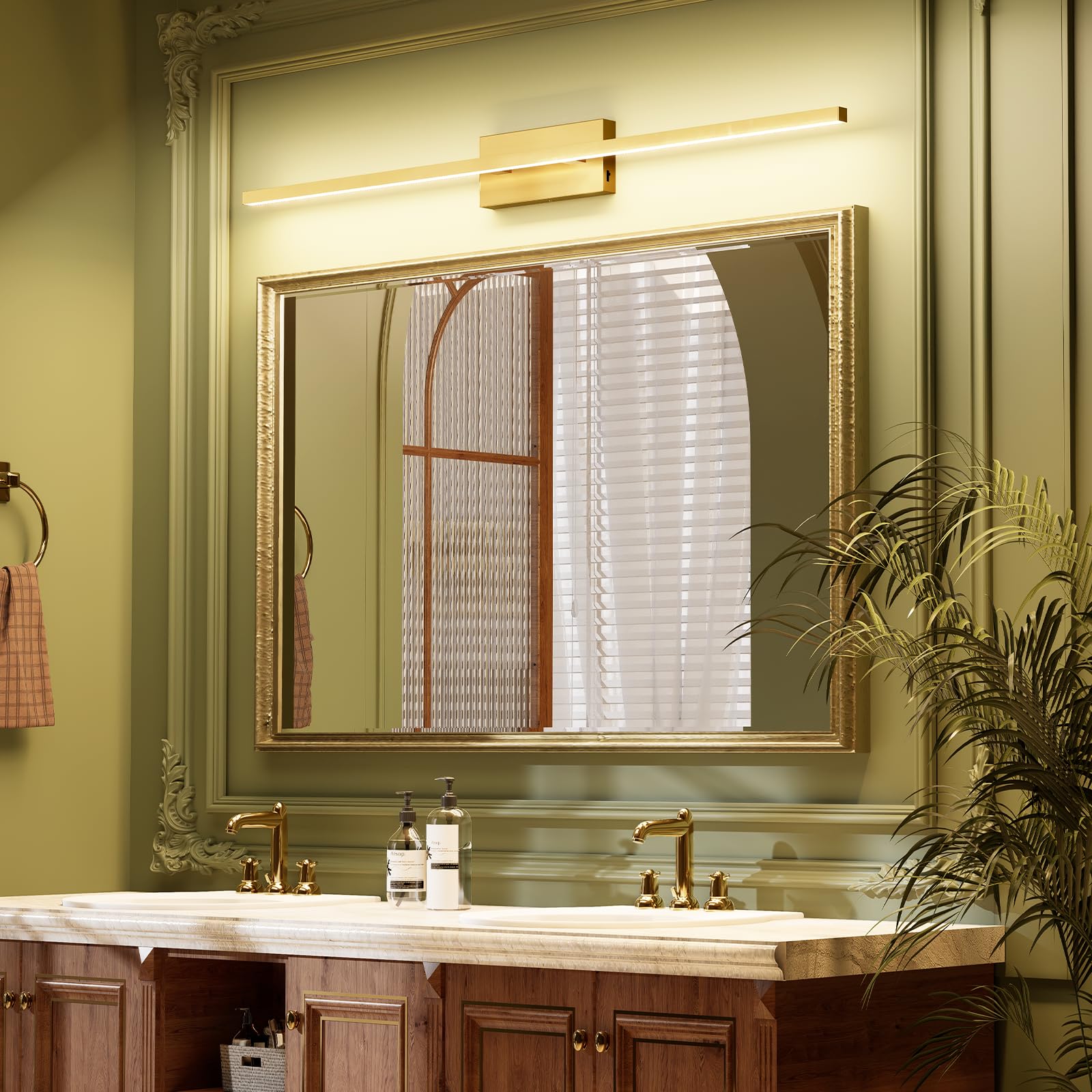VOLISUN Bathroom Vanity Light 48in Brass LED, 30W Dimmable, 5CCT, Model 2160101ZM, Acrylic Fixture for Mirror Cabinets