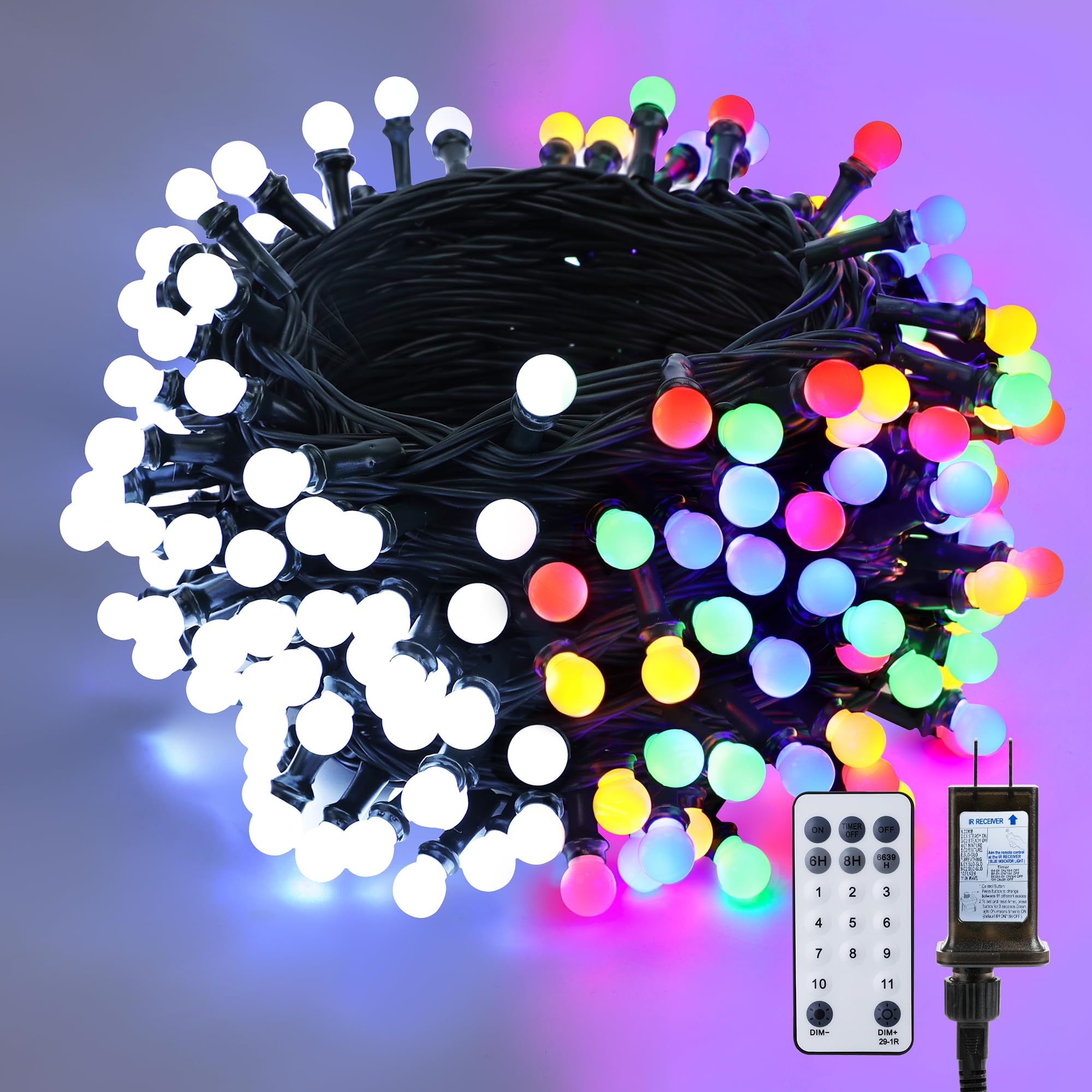 Brizled Outdoor Christmas Lights, 66ft 200 LED Color Changing String Lights, Cool White & Colored Christmas Lights, Dimmable Ber