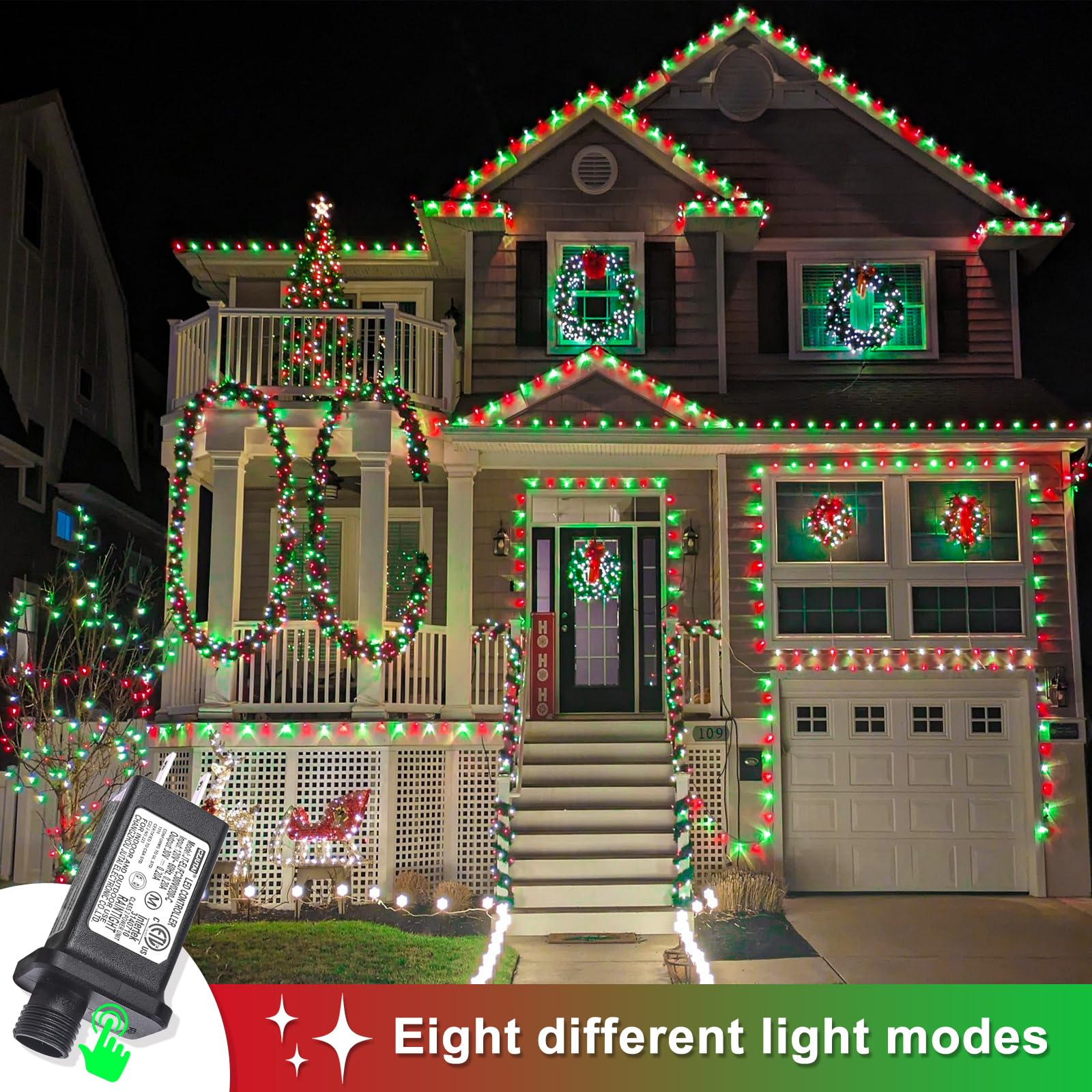 400 Led Christmas Lights Outdoor, 132Ft Red And Green String Lights For Bedroom Clear Wire, 8 Modes Plug In Waterproof Fairy Str