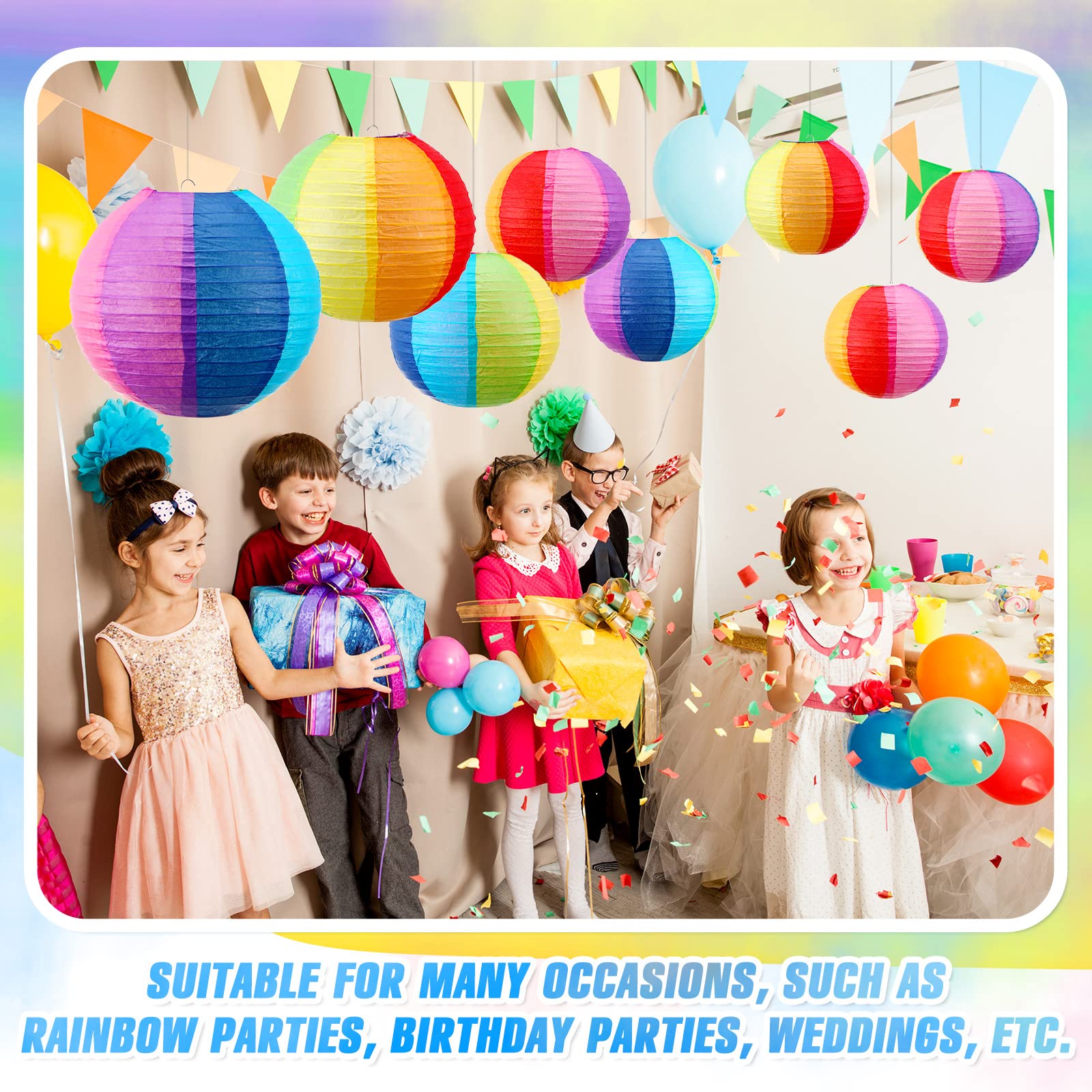 Treela 16 Pcs Rainbow Paper Lanterns 9.8 Inch Beach Ball Paperlanterns , Mexican Fiesta Party Decorations Summer Luau Themed Han