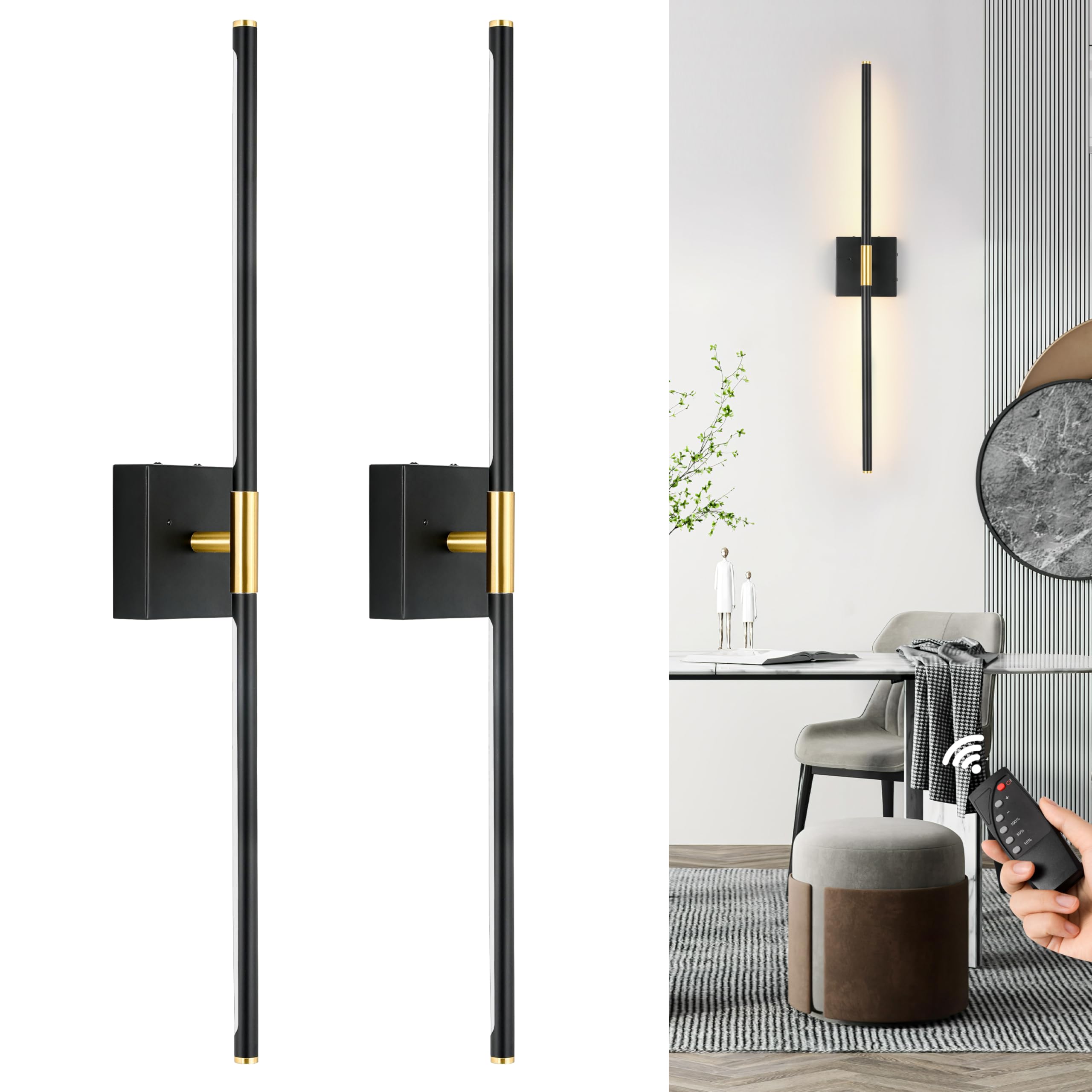 Morauroral Battery Operated Wall Sconce Set Of Two, Dimmable Wall Sconces With Remote Control, Black Gold Rechargeable Sconces,