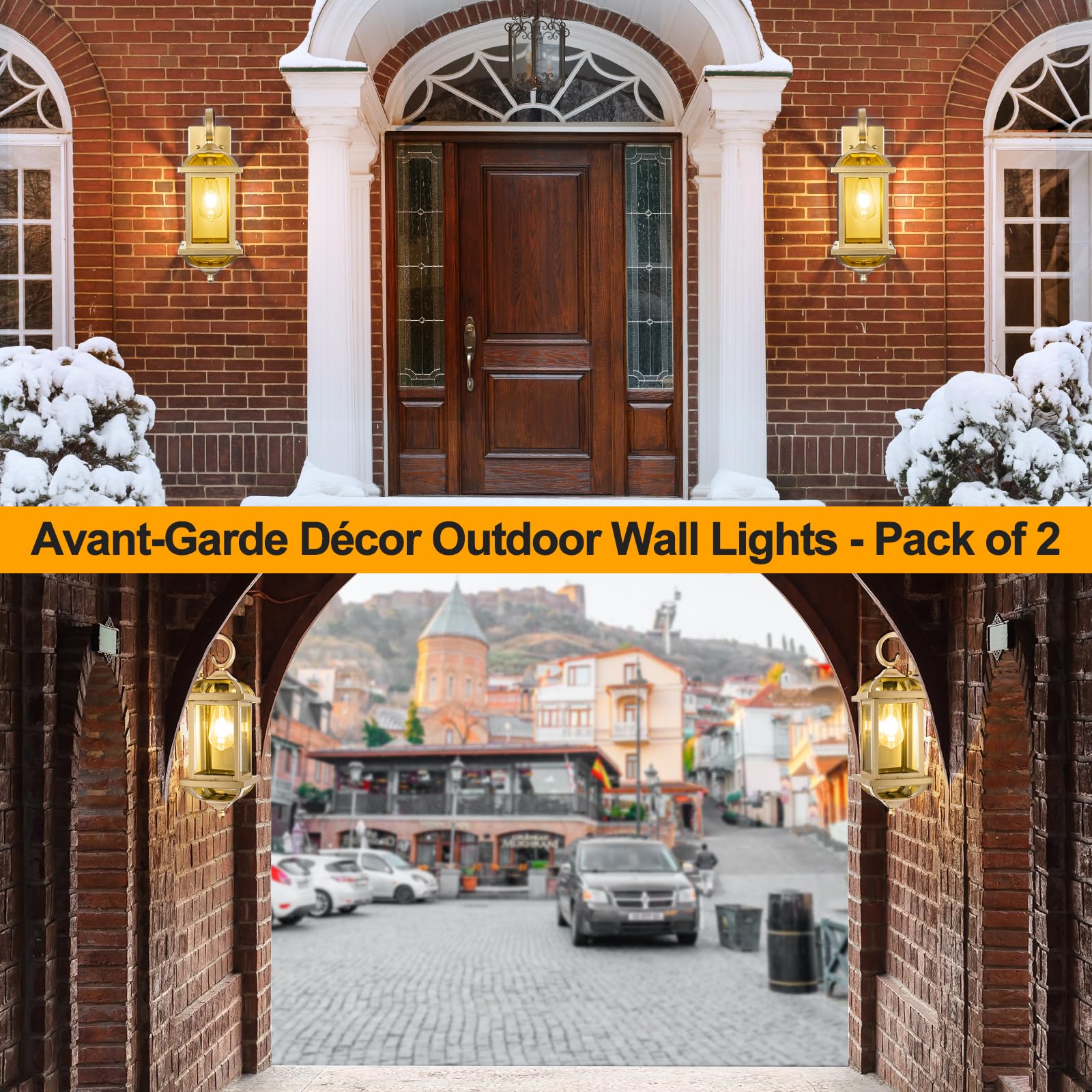 Roravilila 2-Pack 18” Gold Outdoor Wall Lights, Waterproof Brass Lanterns With Clear Glass