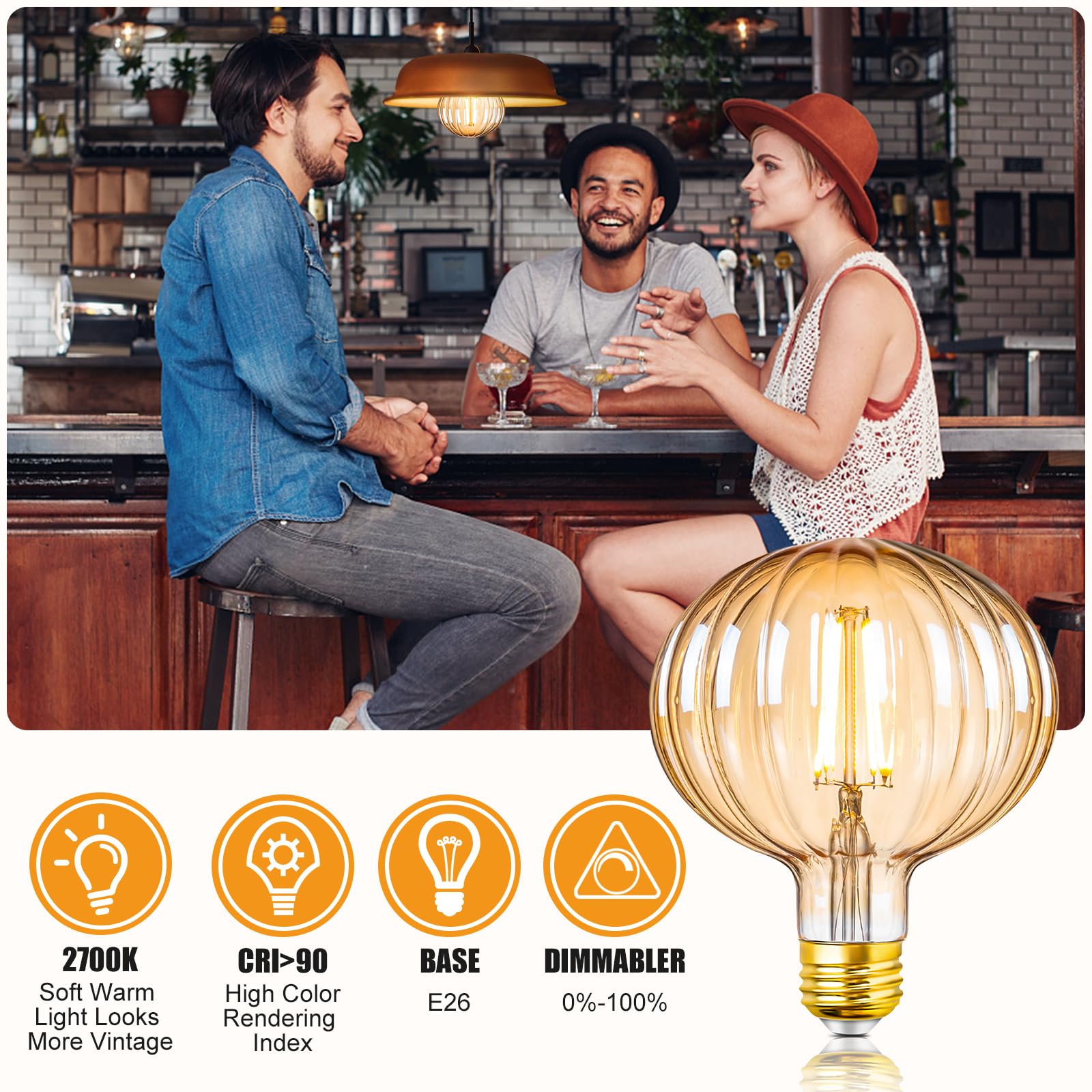 SD LUX Vintage LED Edison Bulb 6W Dimmable G40 Globe 2700K Warm White E26 1 Pack