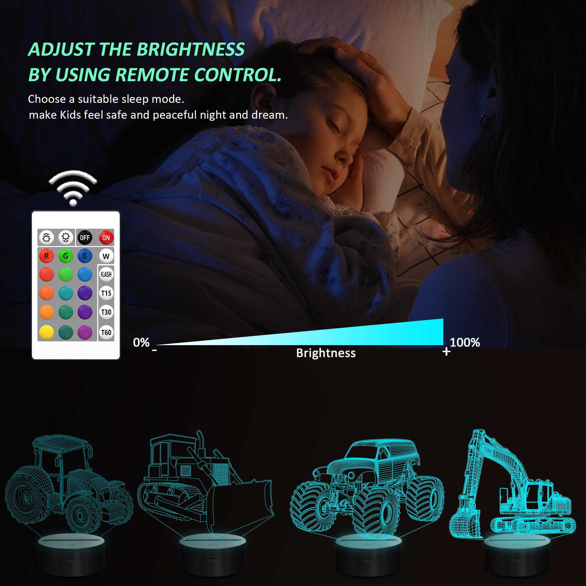 Ammonite Vehicle Gifts, 3D Illusion Truck Night Light For Kids (4 Patterns) With Remote Control & 16 Colors Changing & Dimmable