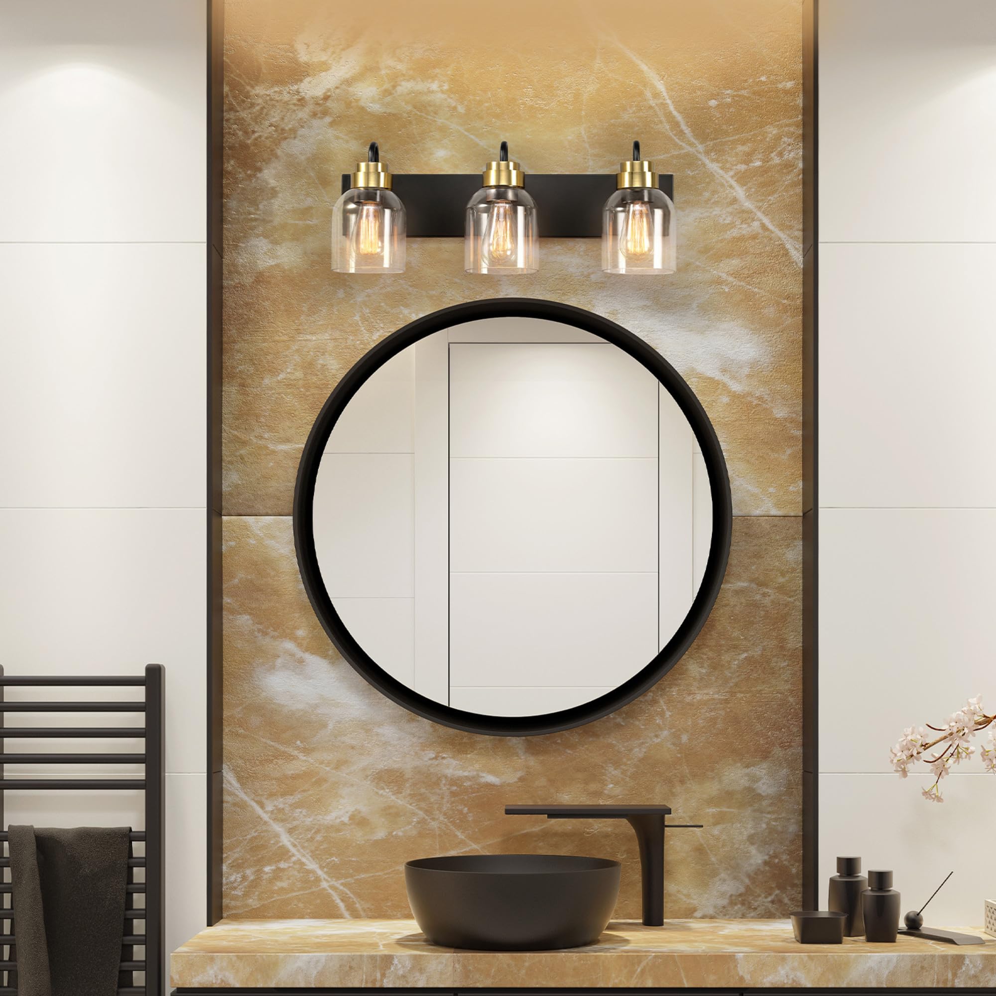 Globe Electric 63000200 22'' 3-Light Vanity Light, Matte Black, Matte Brass Accents, Glass Shades, Beauty Room Accessories, Bath