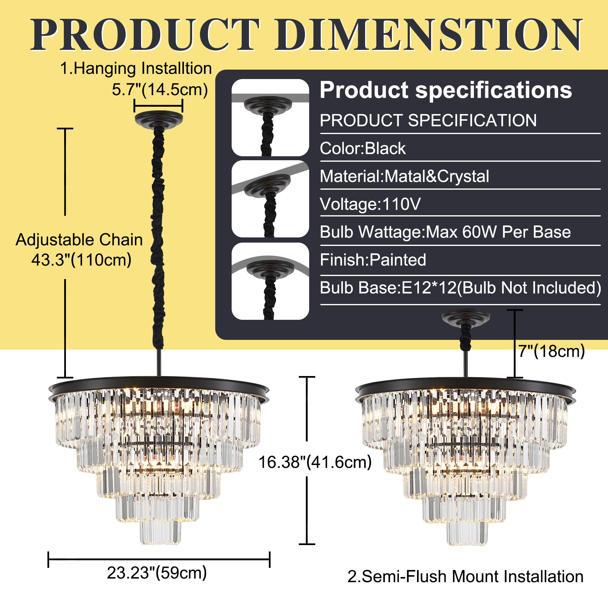 Faibra 12-Light Black Crystal Chandelier, 23.23" Modern Pendant Ceiling Light Fixture, 5-Tier Luxury K9 for Dining Room, Living Room, Bedroom