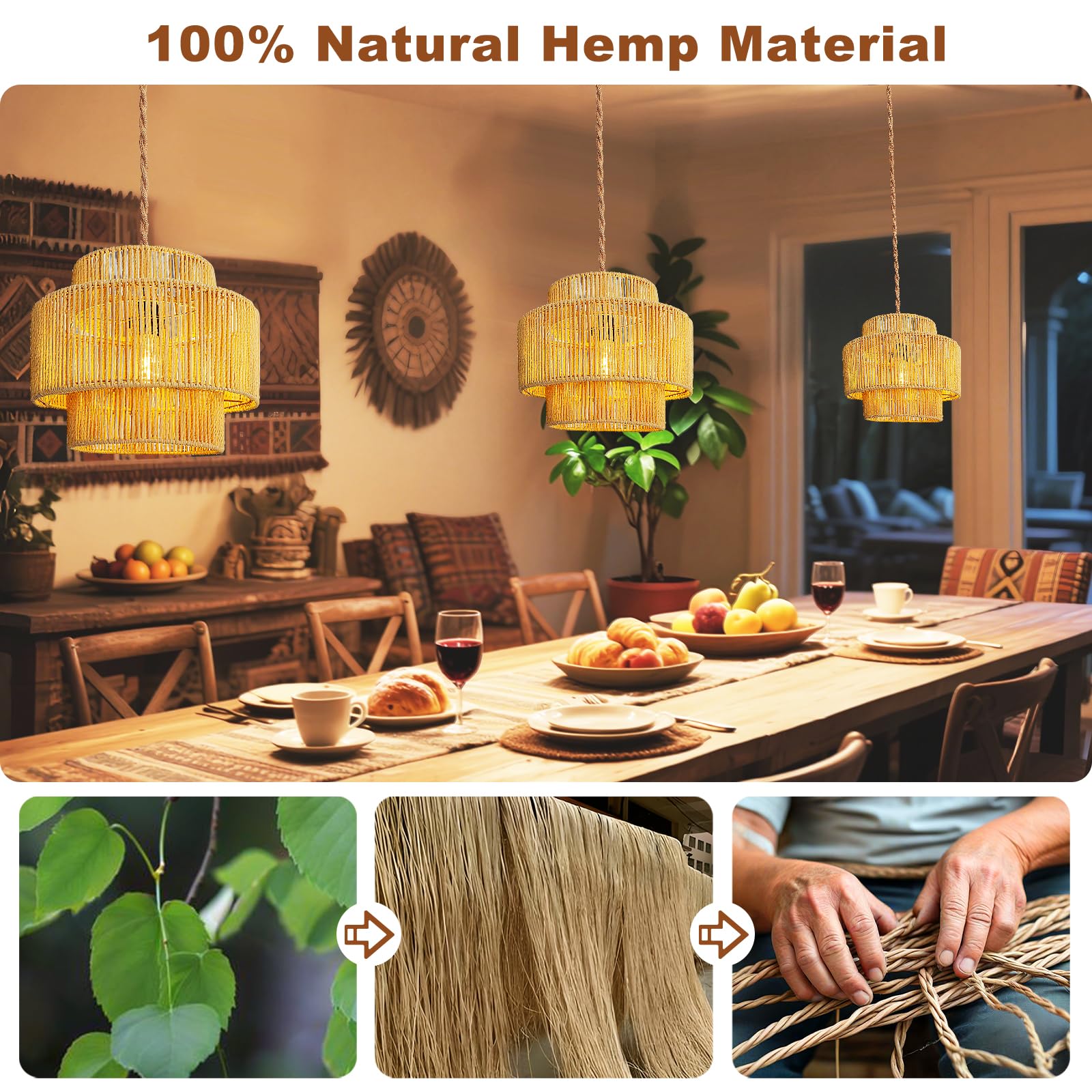 Maliralt Rattan Pendant Light - 12" Lantern Shade, Jute Rope, 16.4ft Plug-In Cord with On/Off Switch for Bedroom & Living Room
