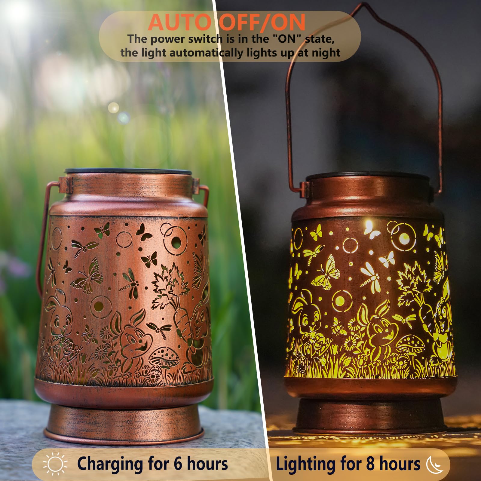 Solar Rabbit Lanterns Outdoor Hanging Decor Lantern,Waterproof Hollow Out Metal Dragonfly Decorative Garden Light,Graceful Decor