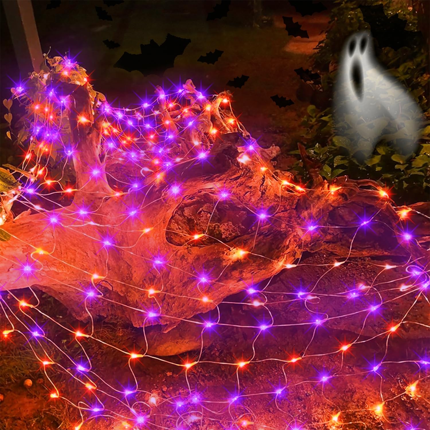 LJLNION Halloween Net Lights, 360 LED 12ft x 5ft Connectable Mesh Fairy String Lights, 8 Modes Low Voltage Safe Adaptor for Xmas Trees Bushes Wedding Outdoor Garden Yard Decorations, Orange & Purple