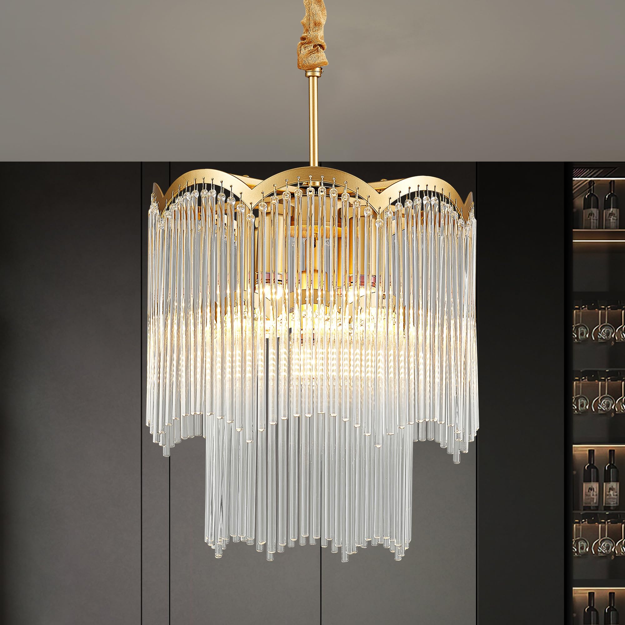 Faibra 12.52'' Gold Clear Glass Crystal Pendant Light 5-Light Modern Crystal Pendant Ceiling Light Fixture 2-Tier Luxury Glass C