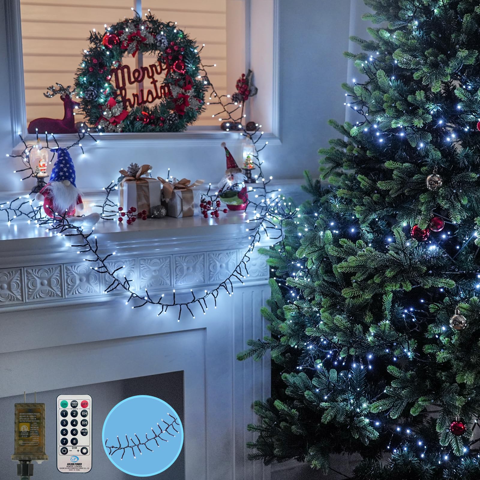 100Ft 2000 Led Cluster Christmas Lights  Christmas Tree Lights Outdoor Indoor With 8 Modes & Timer & Remote  Fire ers String Lights Waterproof For Garland Party Xmas Decorations  Cool White