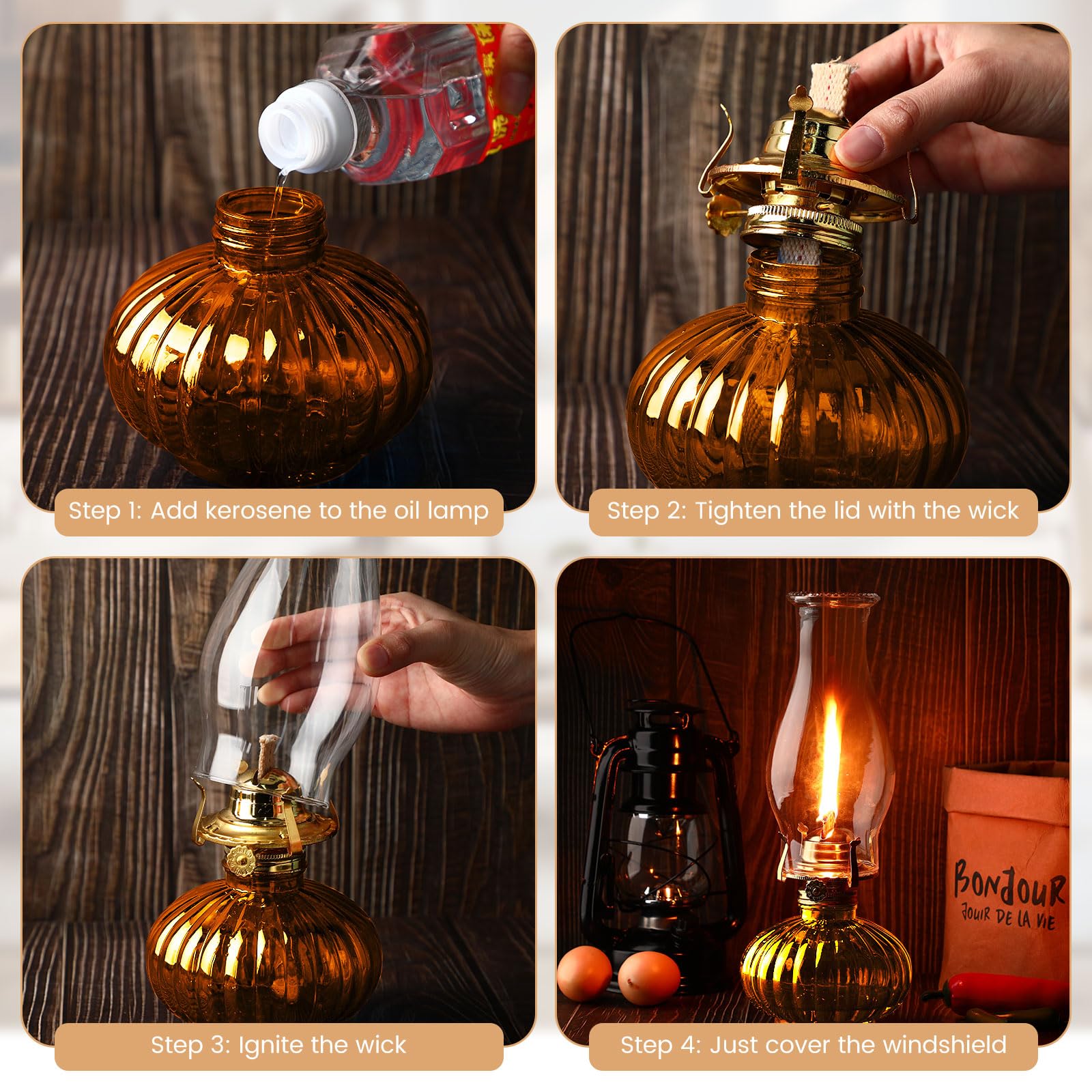 2 Set Chamber Oil Lamp Classic Kerosene Lamp Large Oil Glass Lantern Vintage Hurricane Lamp With Adjustable Fire Wick For Home Indoor Use Chimney Burner, 13 Inch Heigh(Brown)