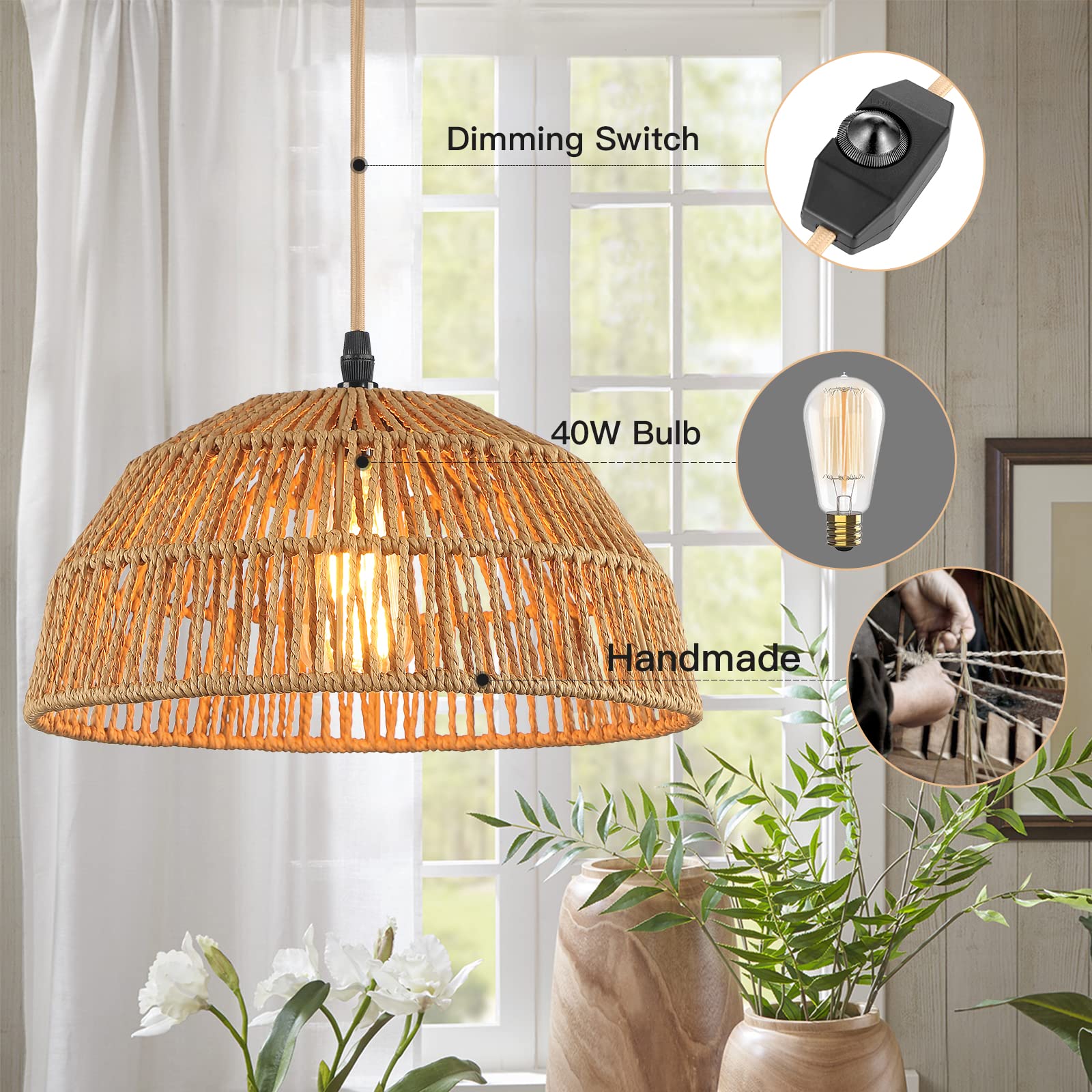 Plug in Pendant Light, Hanging Lights with 15ft Golden Cotton Cord & Stepless Dimming Switch, Handwoven Hemp Rope Lampshade, Boh