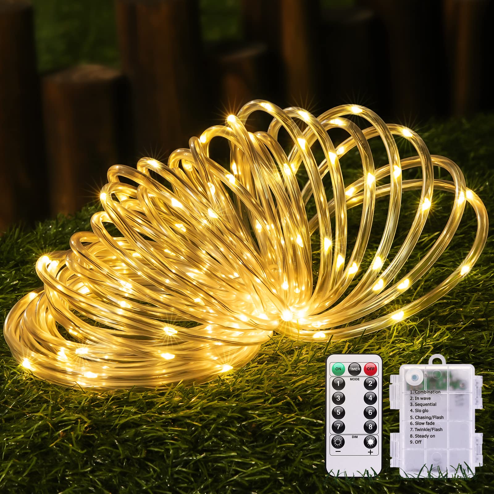 JMEXSUSS 100 LED Rope Lights, 33ft Battery Operated, Waterproof, 8 Modes, Warm White, Model Rope100B, 1 Pack