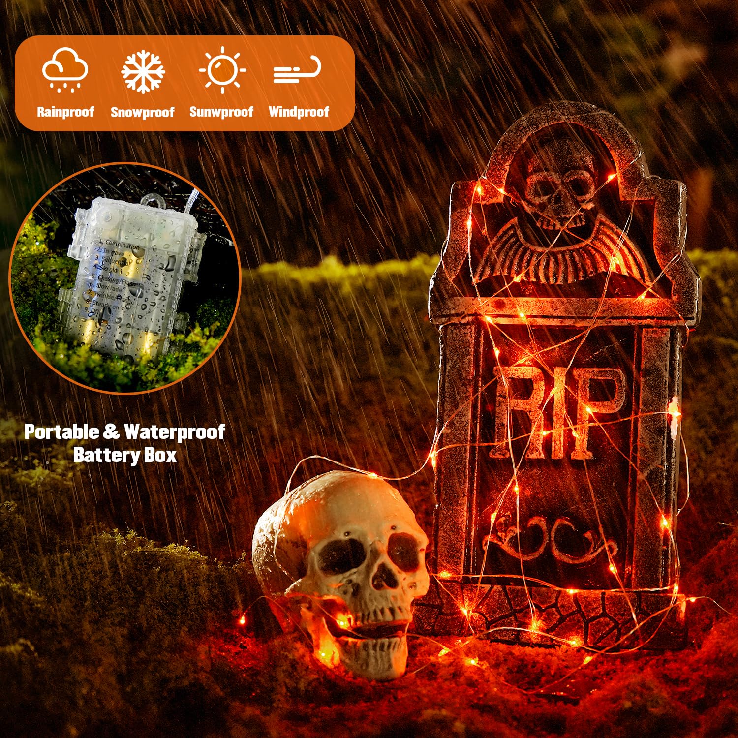 JMEXSUSS Halloween Fairy Lights, 400 LED, 132ft Orange Twinkle String Lights, Battery Operated, 8 Modes, 2 Pack